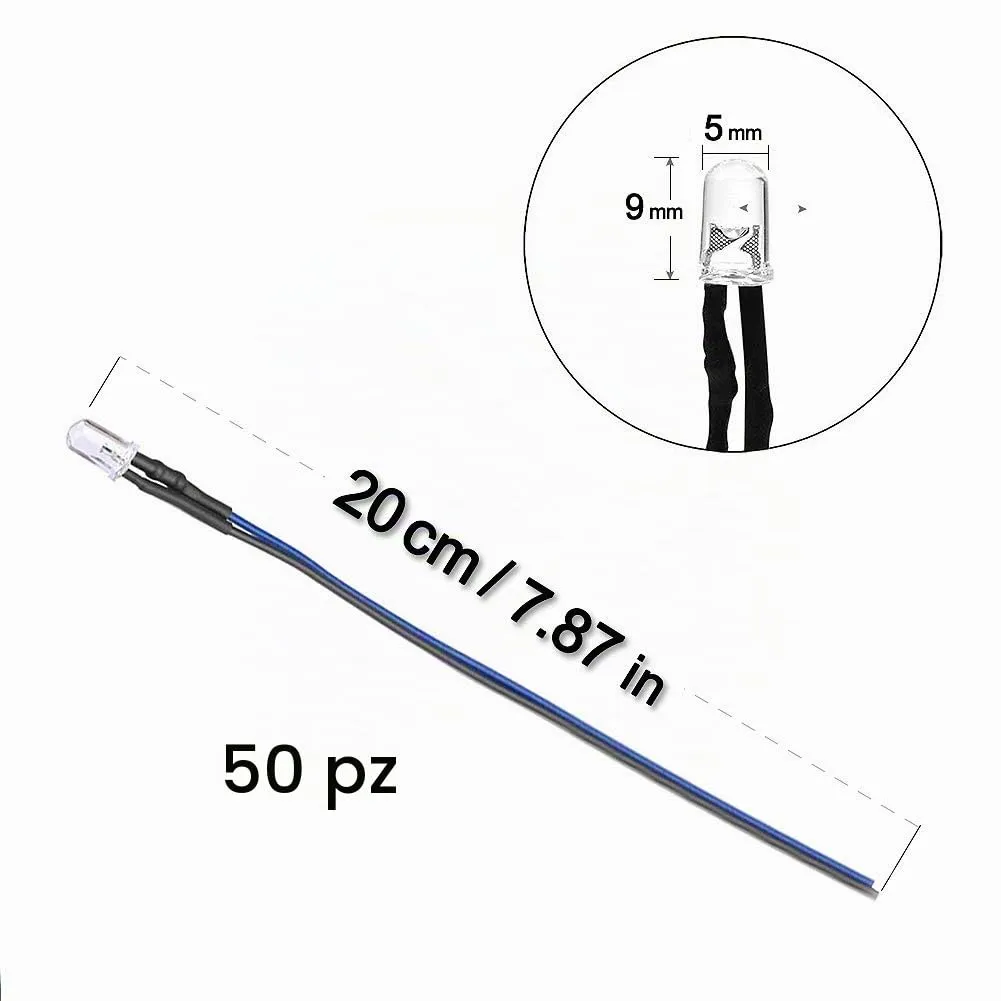 YIXISI LED 5mm Precablati 12V 20cm, 50 Pezzi, Blu - immagine 2