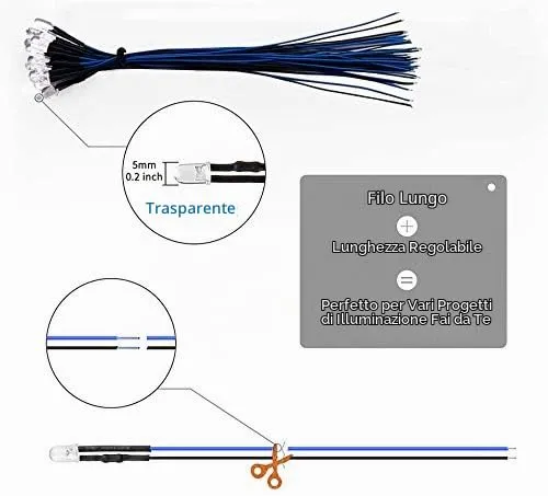 YIXISI LED 5mm Precablati 12V 20cm, 50 Pezzi, Blu - immagine 4