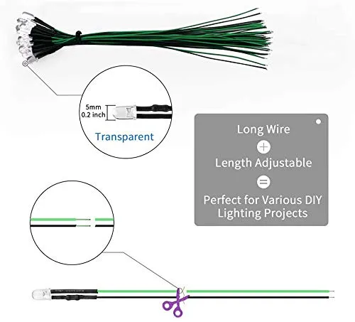 YIXISI 50 Pezzi LED 5mm Precablati 12V 20cm, Verde - immagine 4
