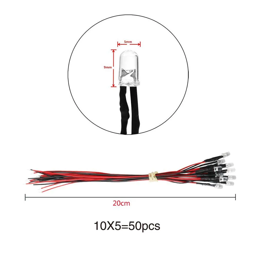 YIXISI 50 Pezzi LED 5mm Precablati 12V 20cm (Bianco, Rosso, Blu, Verde, Giallo) - immagine 2