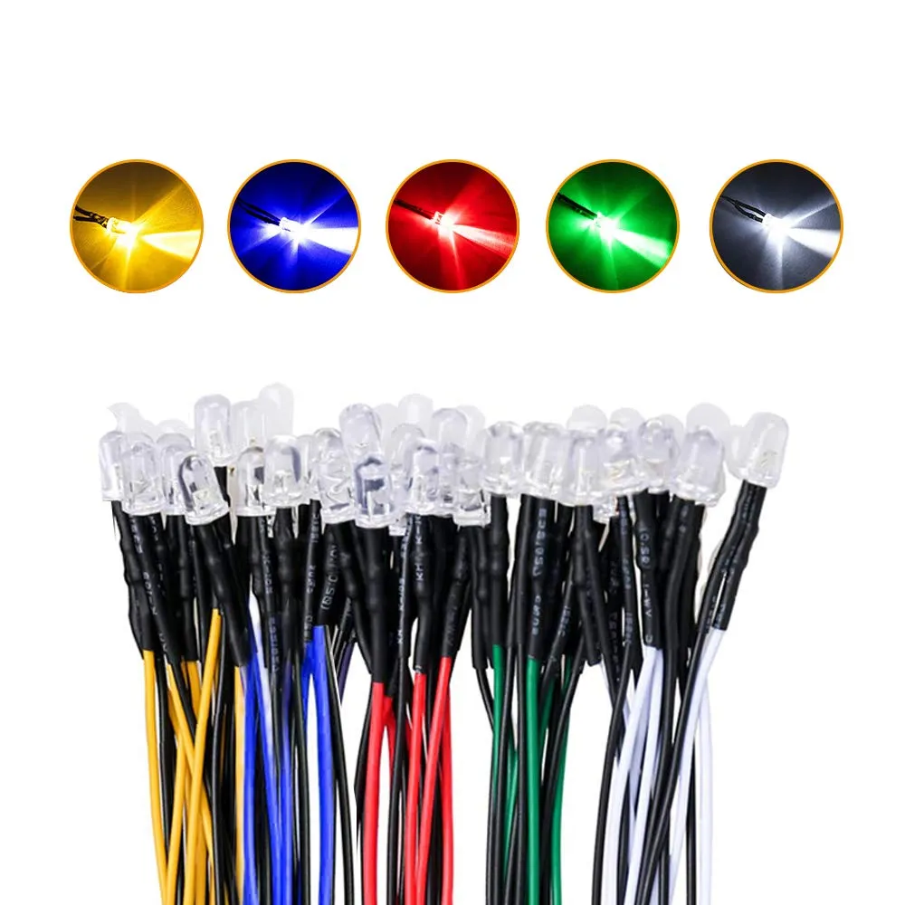 YIXISI 50 Pezzi LED 5mm Precablati 12V 20cm (Bianco, Rosso, Blu, Verde, Giallo) - immagine 4