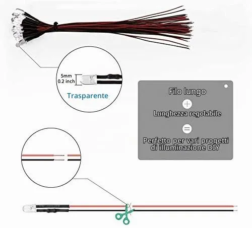 YIXISI 50 Pezzi LED 5mm Precablati 12V 20cm, Rosso - immagine 4