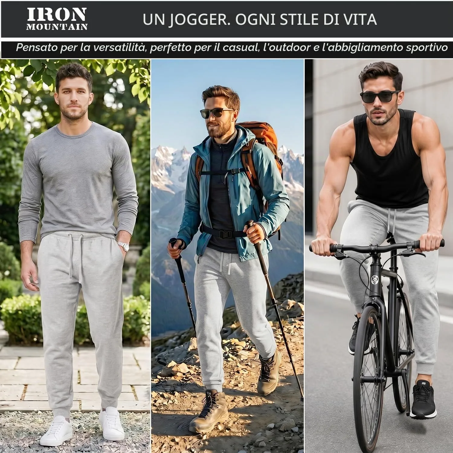 Iron Mountain Pantaloni Jogger Uomo in Felpa Misto Cotone, Grigio Chiaro, S - immagine 2