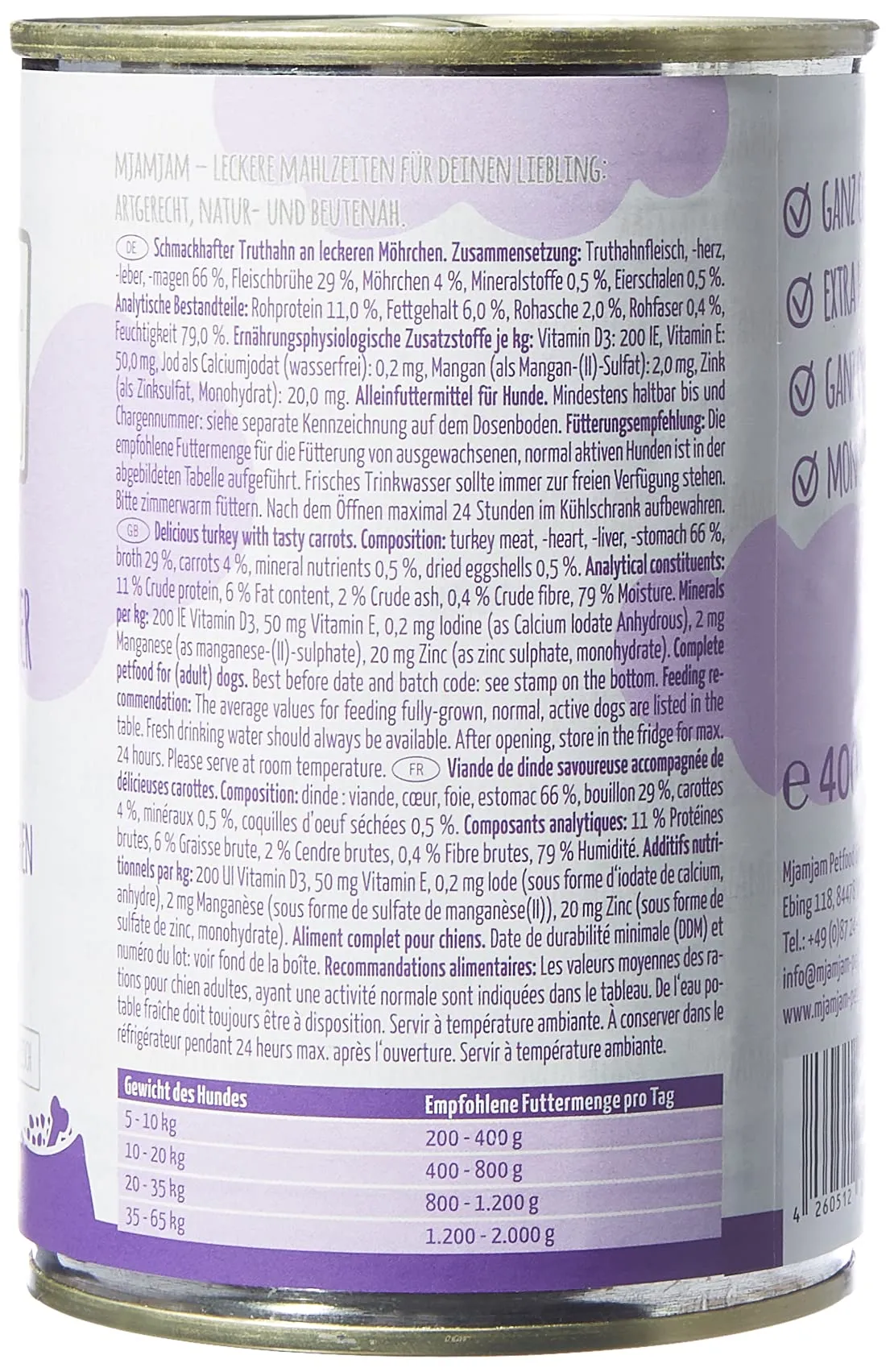 MjAMjAM Cibo Umido per Cani Tacchino e Carote, Senza Cereali, 6 x 400 g - immagine 3