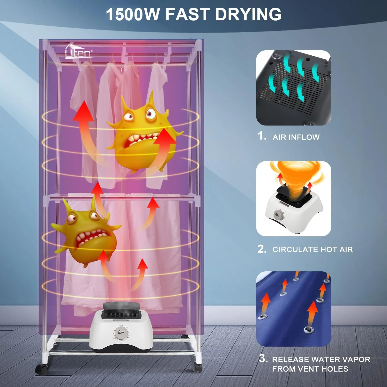 Uten Asciugatrice Elettrica Portatile 1500W, Capacità 15 kg, Timer 180 Minuti - immagine 4