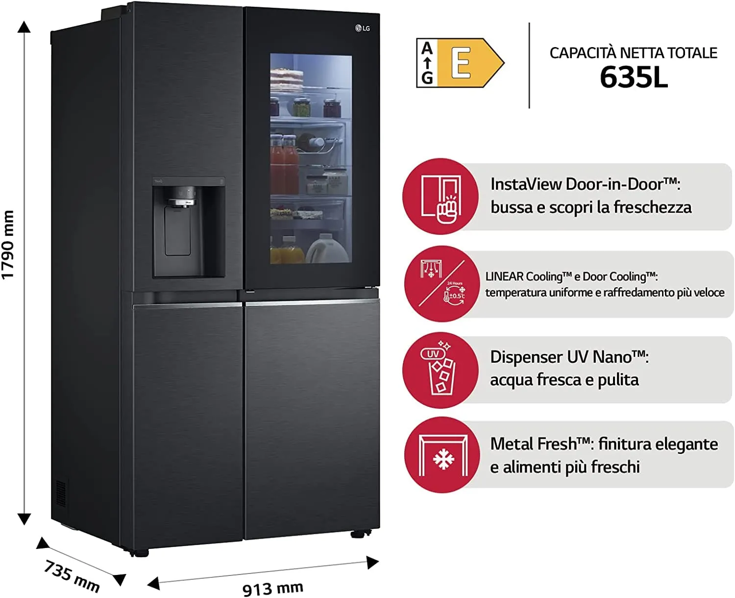 LG GSXV91MCAE Frigorifero Americano Side by Side InstaView Total No Frost, 635 L, Dispenser Acqua e Ghiaccio UV Nano, Door Cooling, Linear Cooling, Wi-Fi - immagine 2