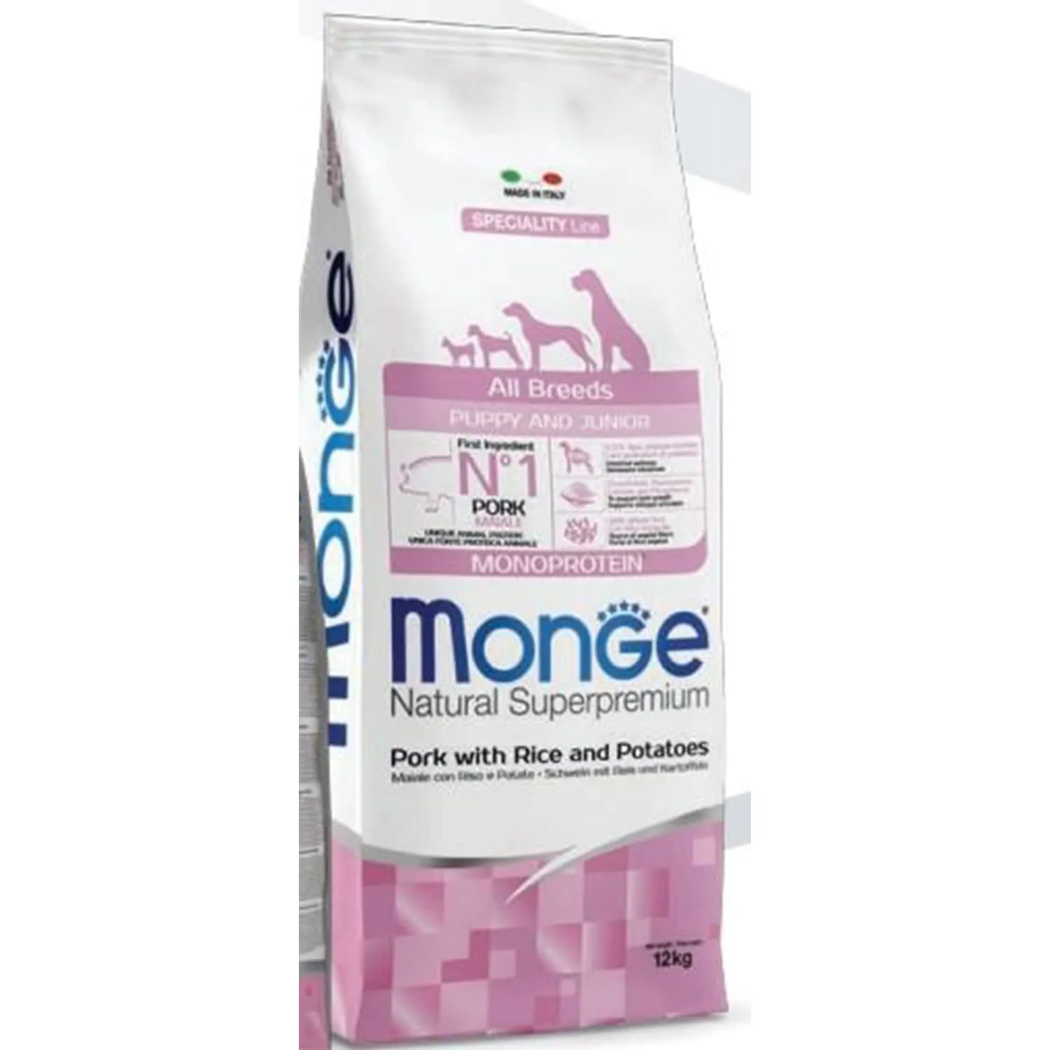 Monge Natural Superpremium Puppy and Junior Pork, Rice and Potatoes Dog Food, 12 kg - immagine 1