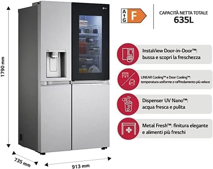 LG GSXV80PZLE Frigorifero Americano Side by Side InstaView Total No Frost, 635 L, Door Cooling, Linear Cooling, Compressore Lineare Inverter, Wi-Fi - immagine 6