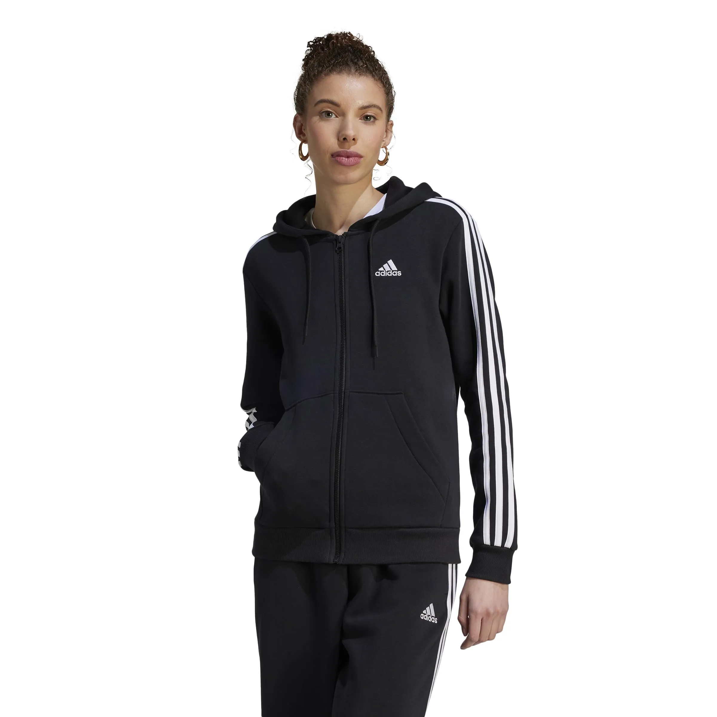 adidas Women's Essentials 3-Stripes Full-Zip Fleece Hoodie Black/White XS - immagine 2