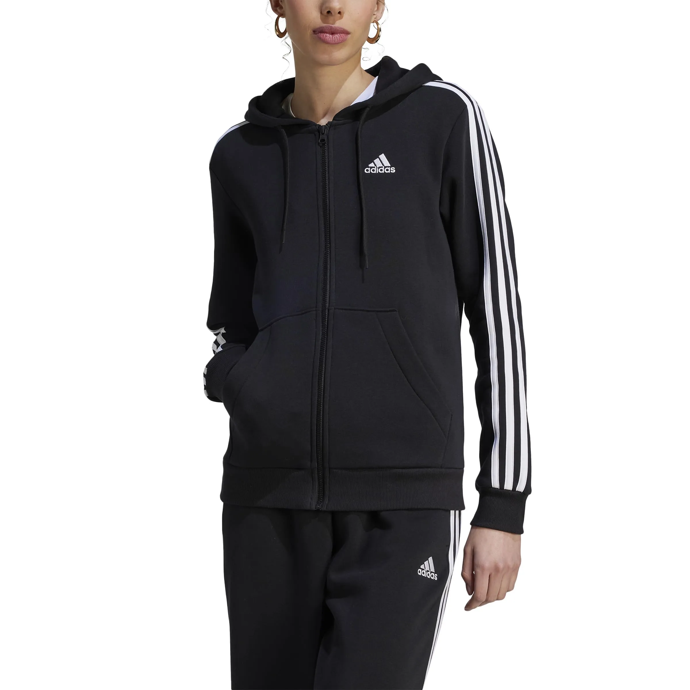 adidas Women's Essentials 3-Stripes Full-Zip Fleece Hoodie Black/White XS - immagine 4