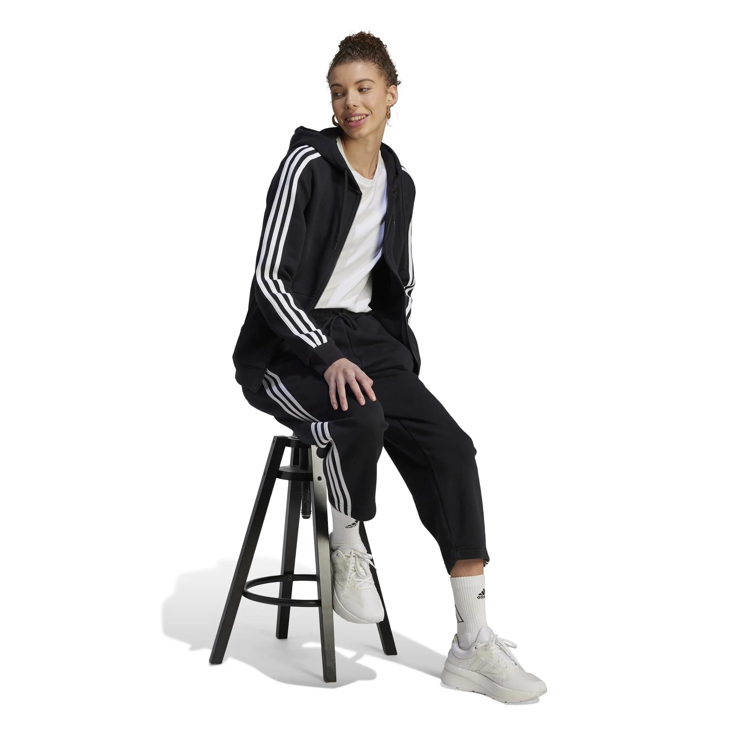 adidas Women's Essentials 3-Stripes Full-Zip Fleece Hoodie Black/White XS - immagine 6