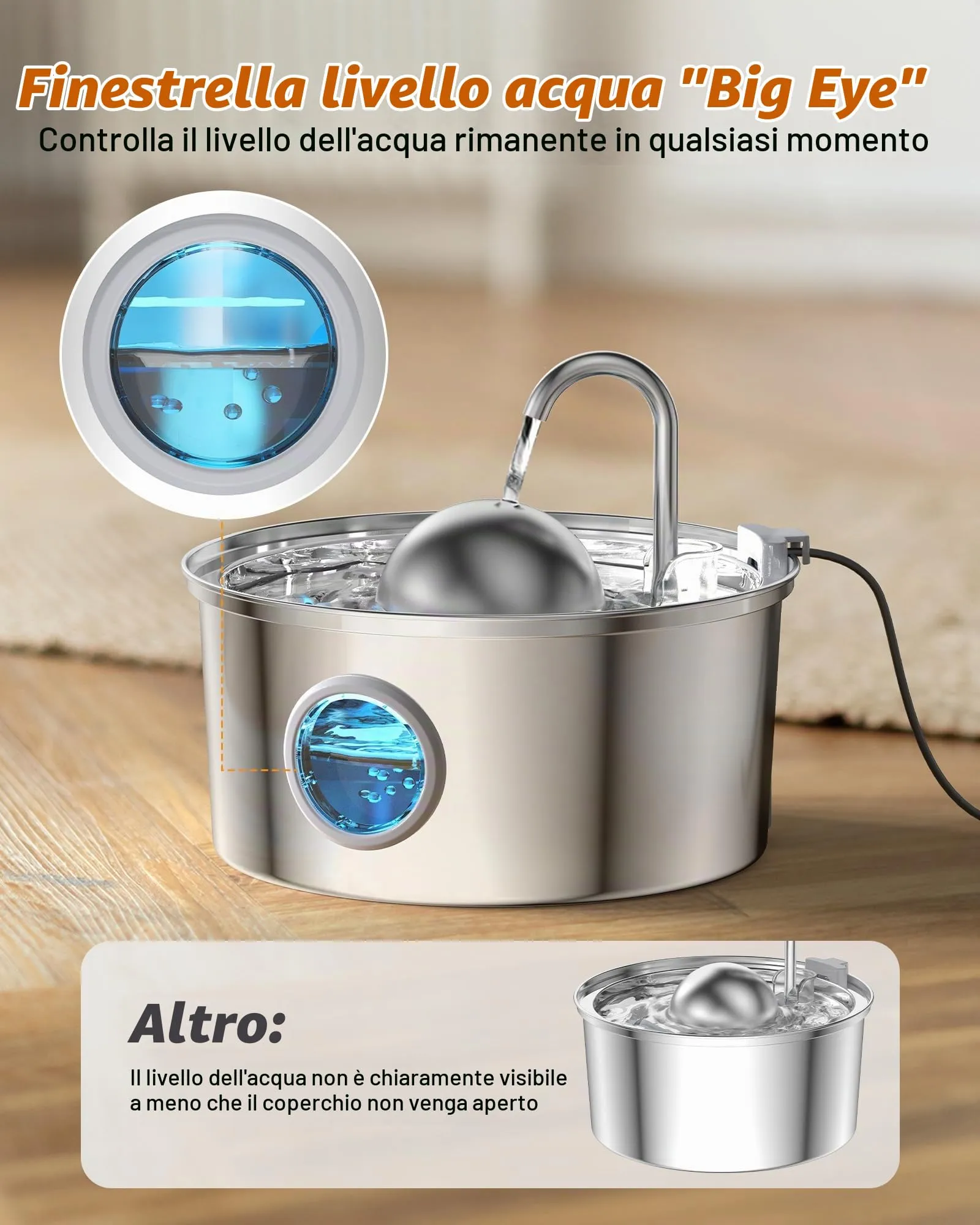 AONBOY Fontanella per Gatti in Acciaio Inox 3.2L con Finestra Trasparente e Filtrazione Multipla, S3-SC - immagine 2