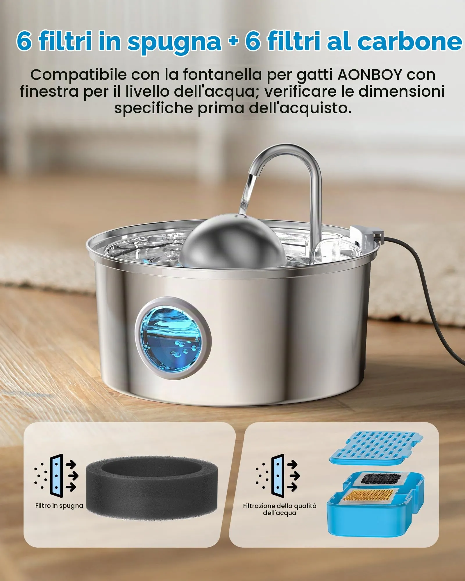 AONBOY Filtri Fontanella per Gatti, 6 Filtri e 6 Spugne, per S3-SC - immagine 2
