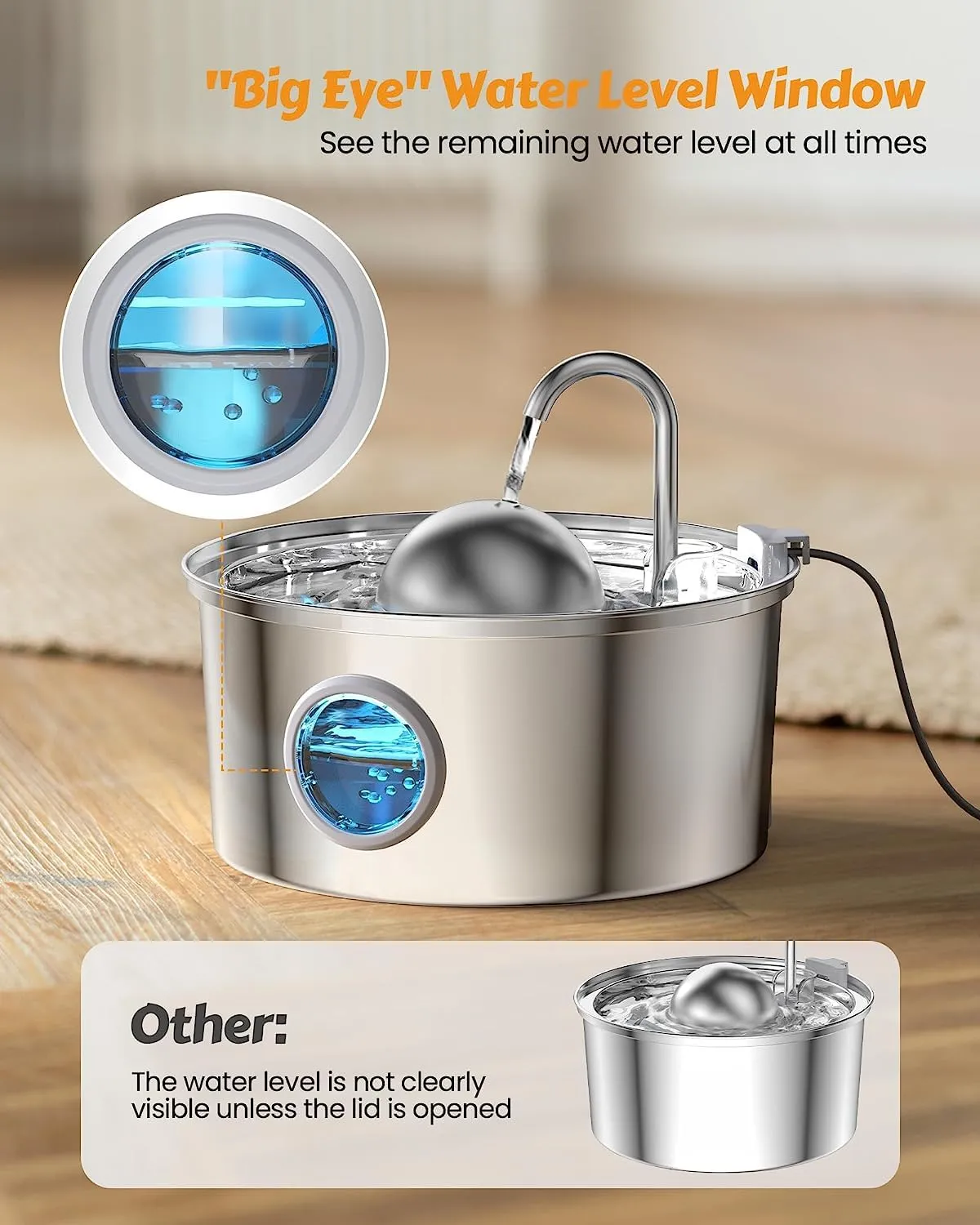 AONBOY S3-SC-Pro Fontanella per Gatti in Acciaio Inox, 3.2L, con Finestra Trasparente, 6 Filtri e 3 Spugne - immagine 2
