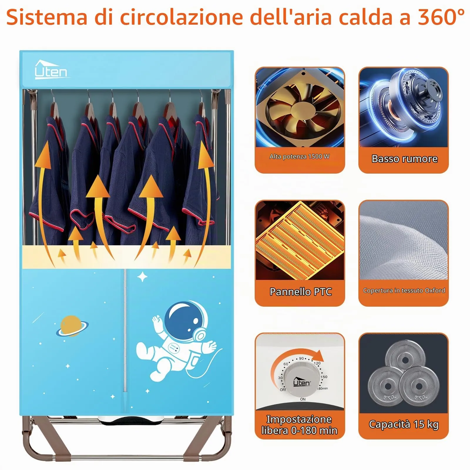Uten Asciugatrice Pieghevole 140cm, 1500W Portatile, Capacità 15kg - immagine 4