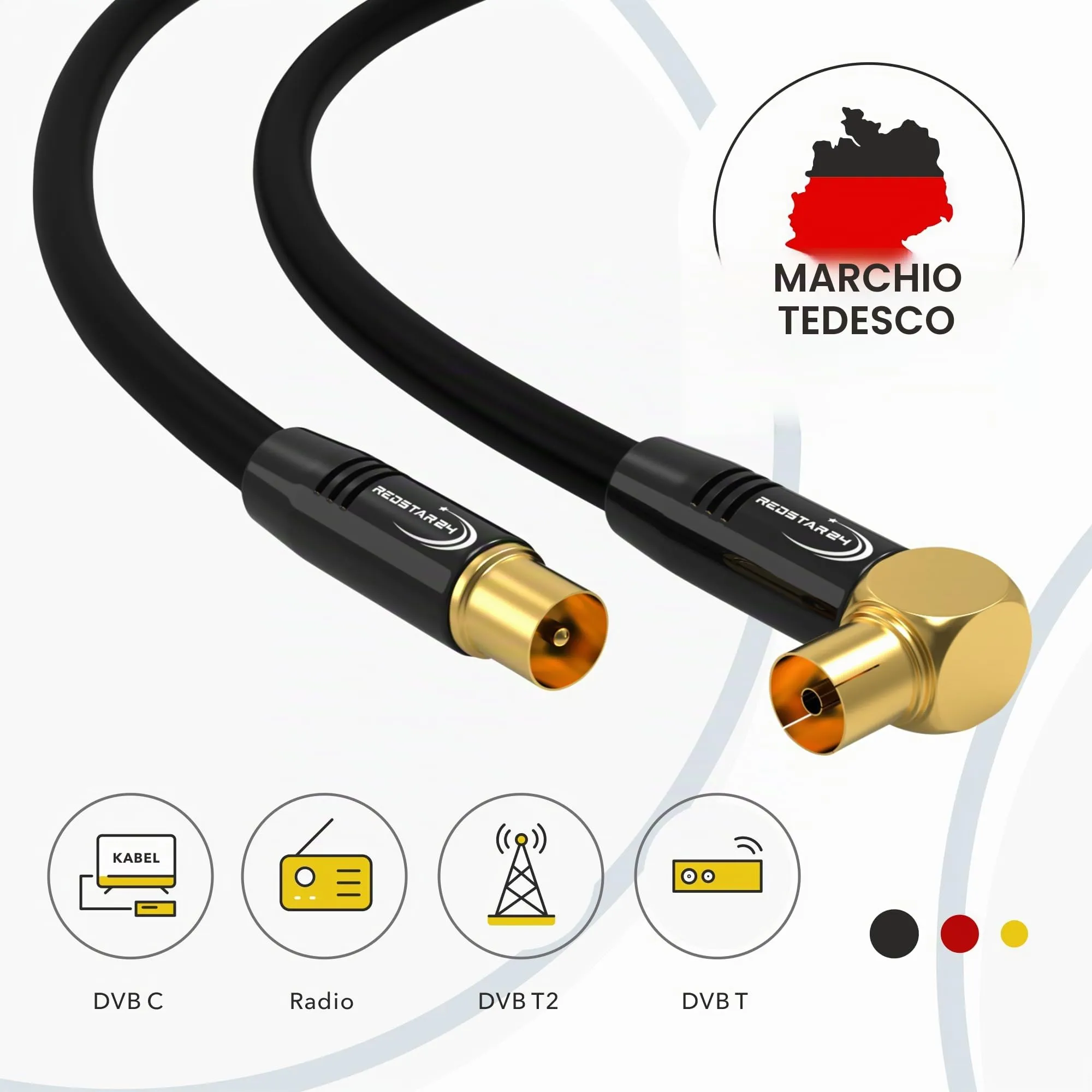 RedStar24 Cavo Antenna 1,5m Nero, Maschio a Femmina 90° Angolato Coassiale per HDTV, TV via Cavo, DVB-T/T2, DVB-C, DAB - immagine 2