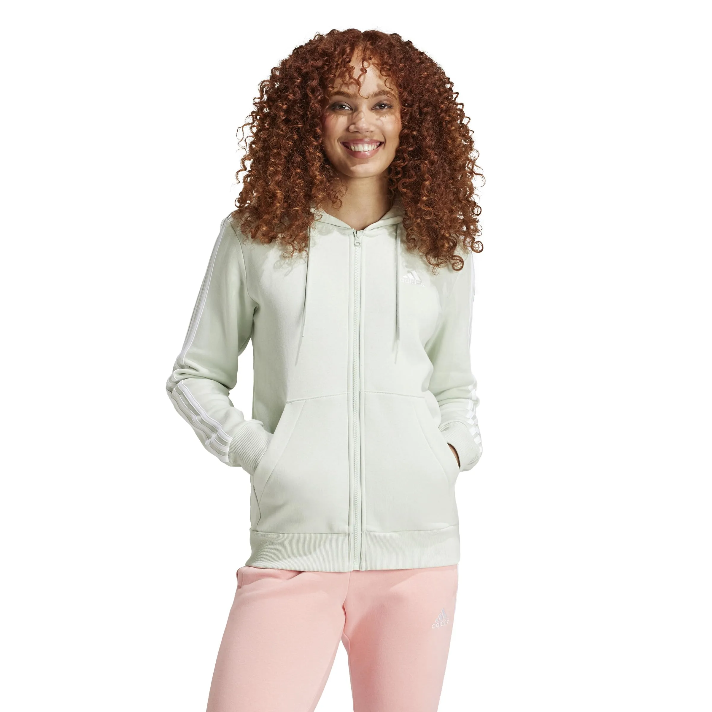 adidas Women's Essentials 3-Stripes Full-Zip Fleece Hoodie - Linen Green, XS - immagine 1
