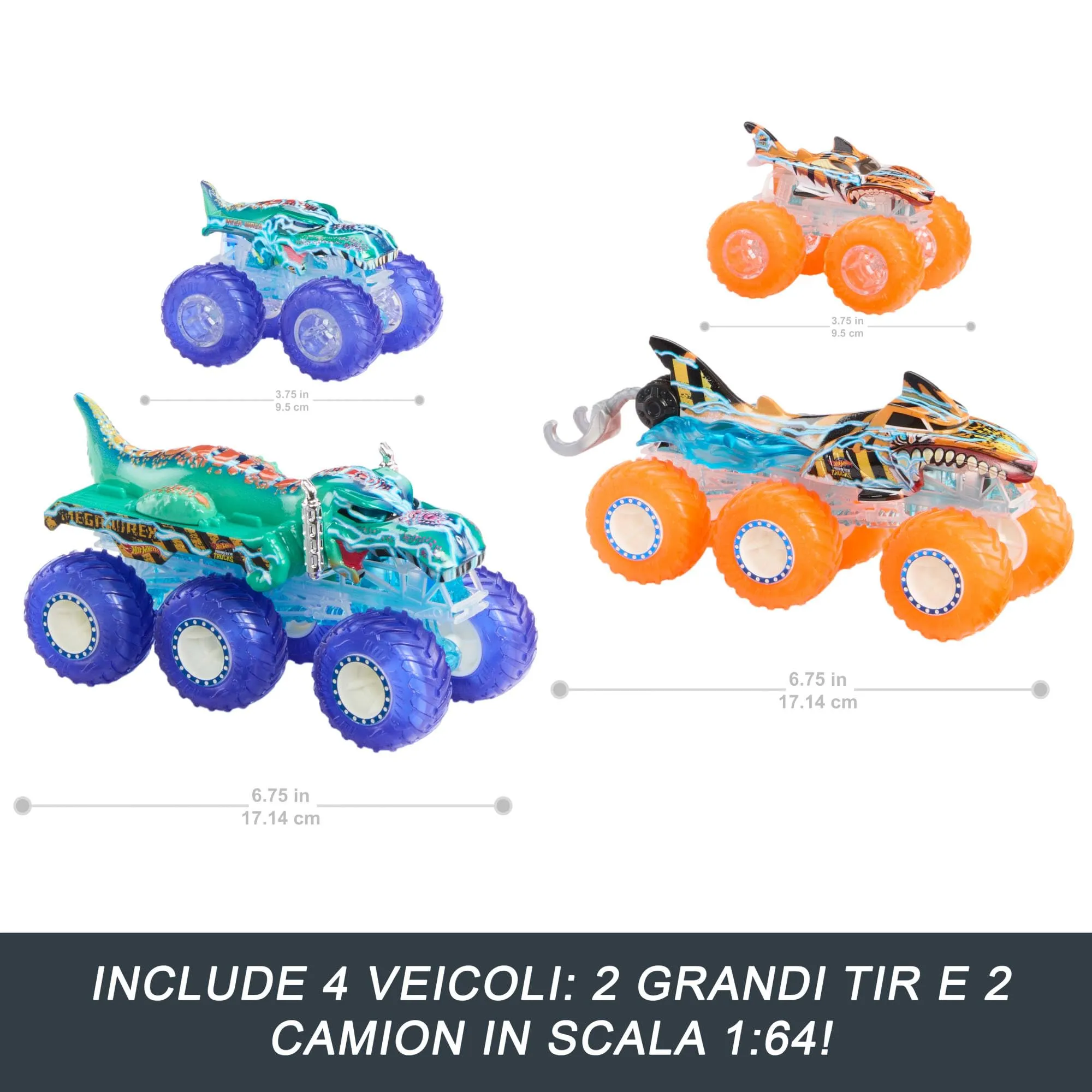 Hot Wheels Monster Trucks Power Smashers Multipack Tiger Shark e Mega-Wrex con Grandi Tir, Scala 1:64, HYJ29 - immagine 3