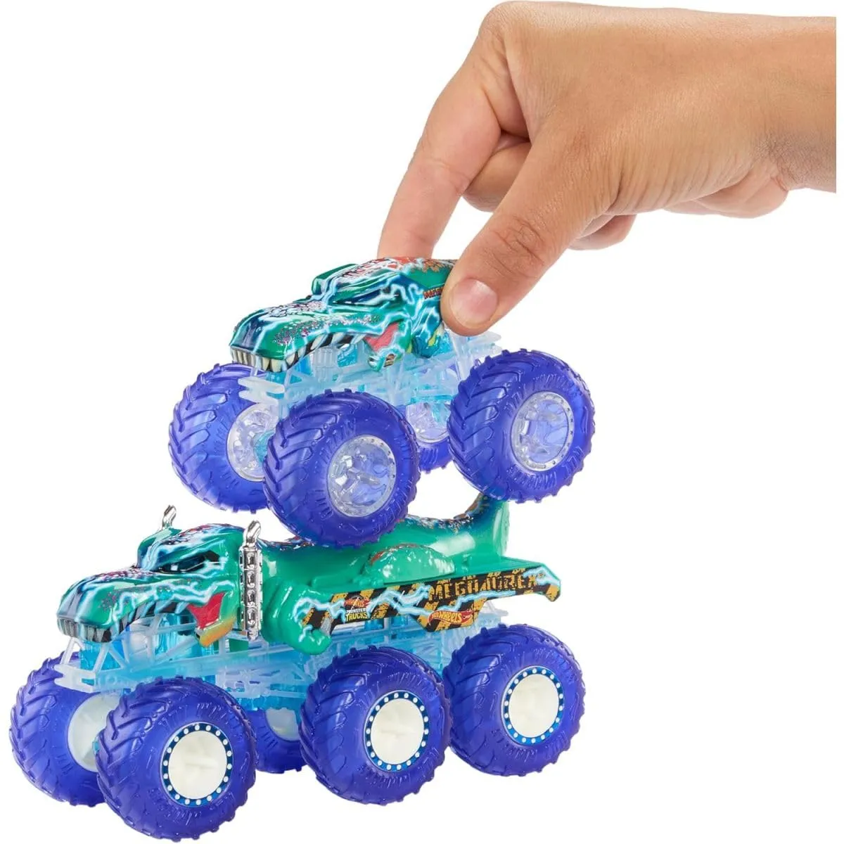 Hot Wheels Monster Trucks Power Smashers Multipack Tiger Shark e Mega-Wrex con Grandi Tir, Scala 1:64, HYJ29 - immagine 4