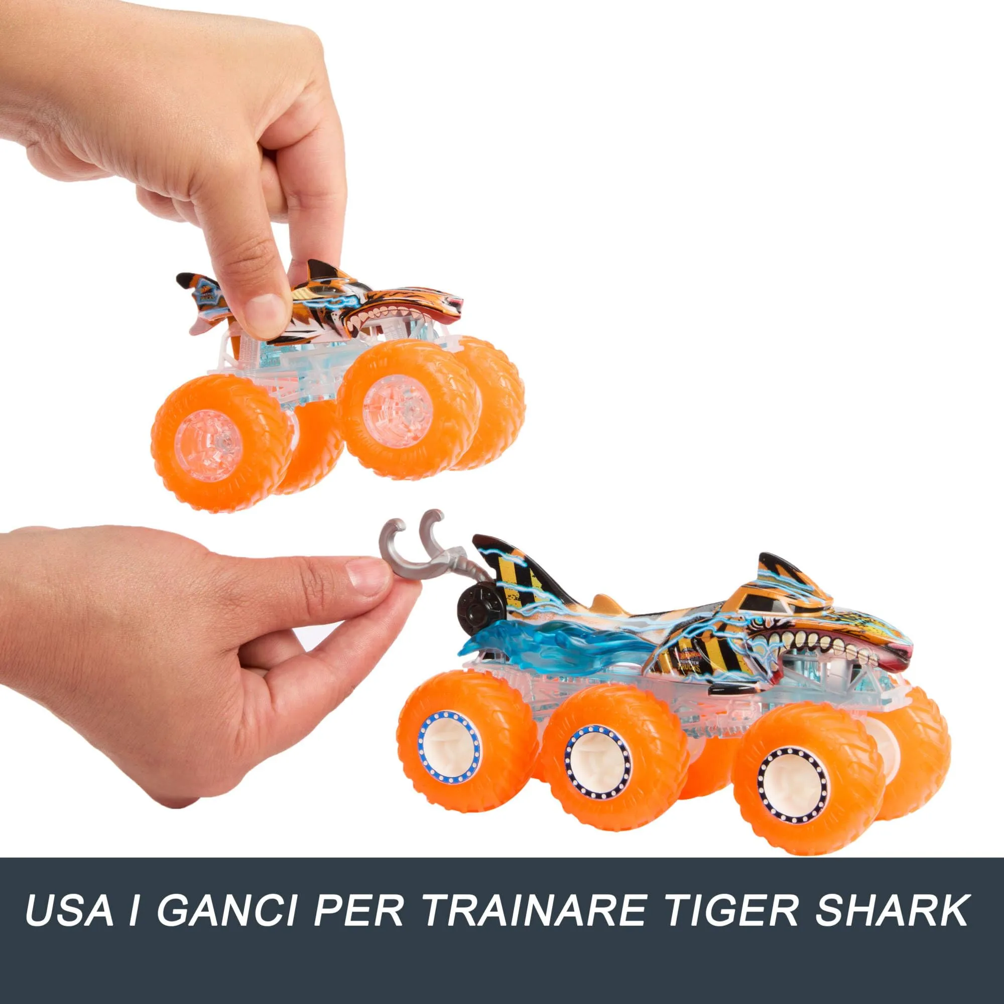 Hot Wheels Monster Trucks Power Smashers Multipack Tiger Shark e Mega-Wrex con Grandi Tir, Scala 1:64, HYJ29 - immagine 6