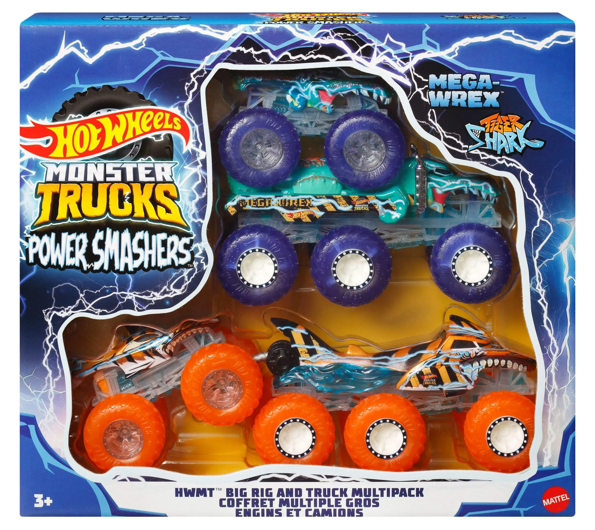 Hot Wheels Monster Trucks Power Smashers Multipack Tiger Shark e Mega-Wrex con Grandi Tir, Scala 1:64, HYJ29 - immagine 7