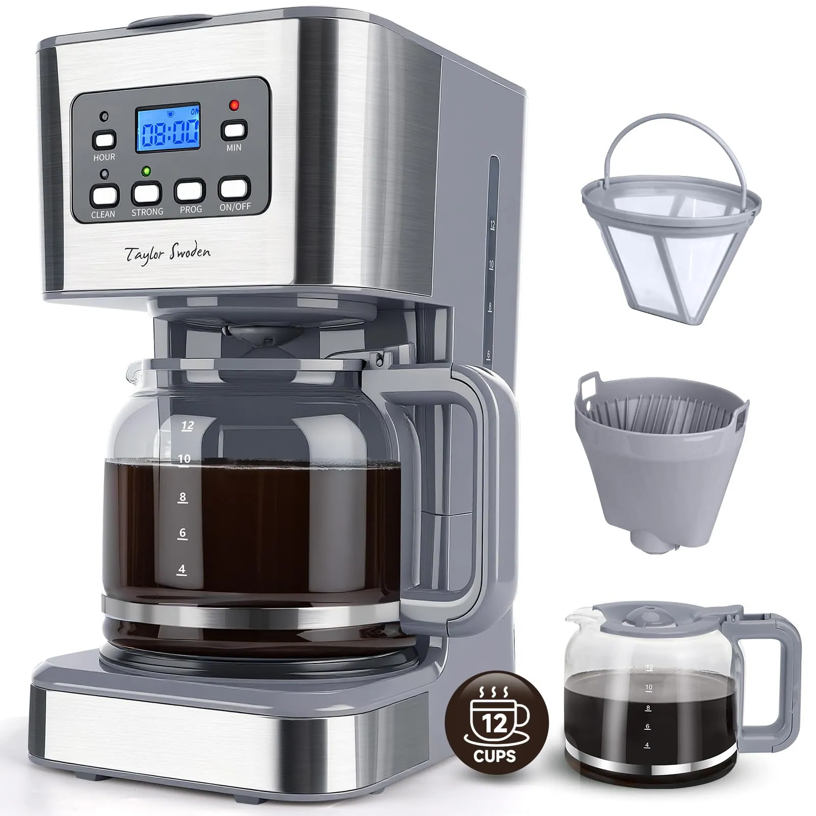 Taylor Swoden Macchina da Caffè Americano 950W, 12 Tazze, 1.5L, Filtro Riutilizzabile, Timer Programmabile e Base con Mantenimento Caldo, Pewter - immagine 1