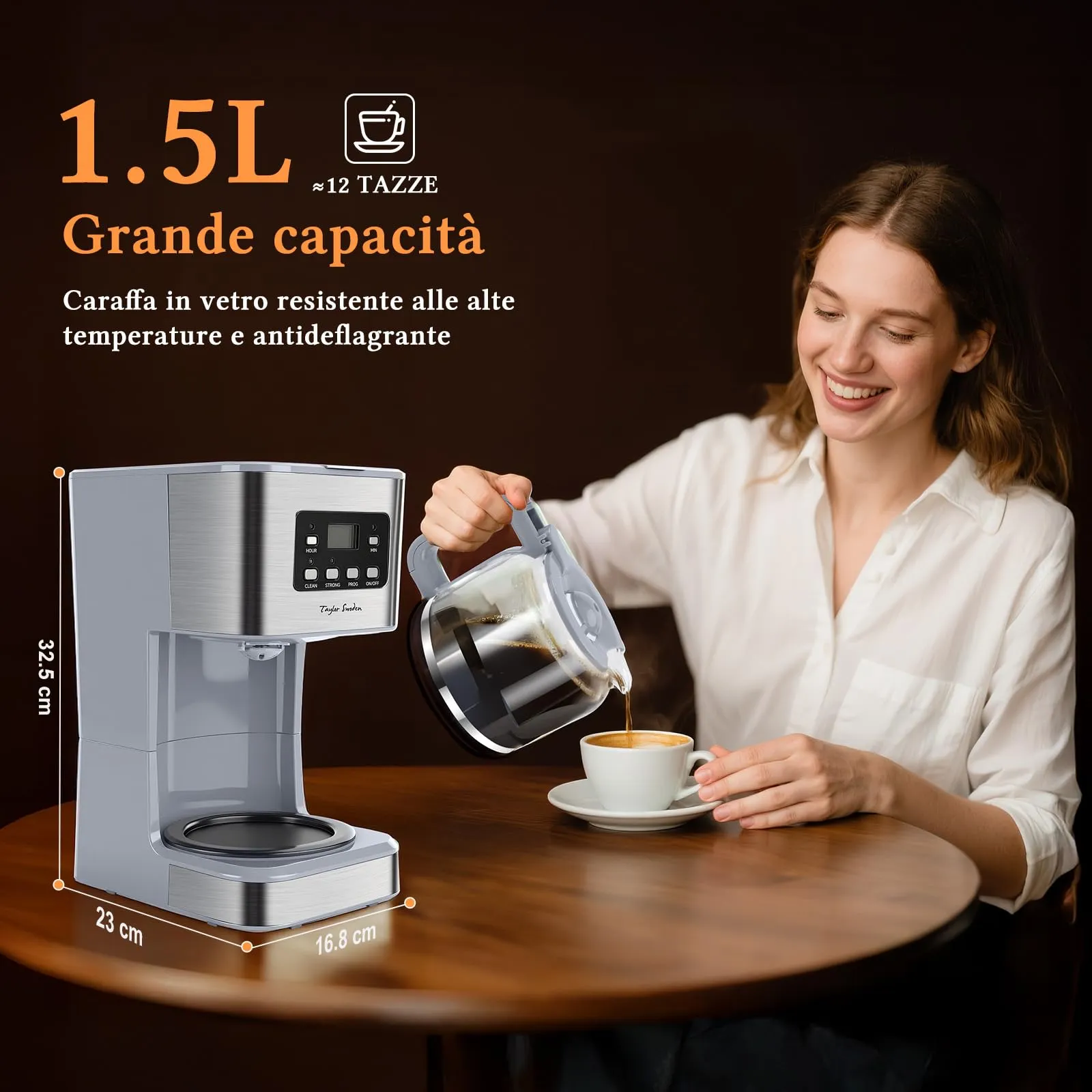 Taylor Swoden Macchina da Caffè Americano 950W, 12 Tazze, 1.5L, Filtro Riutilizzabile, Timer Programmabile e Base con Mantenimento Caldo, Pewter - immagine 2