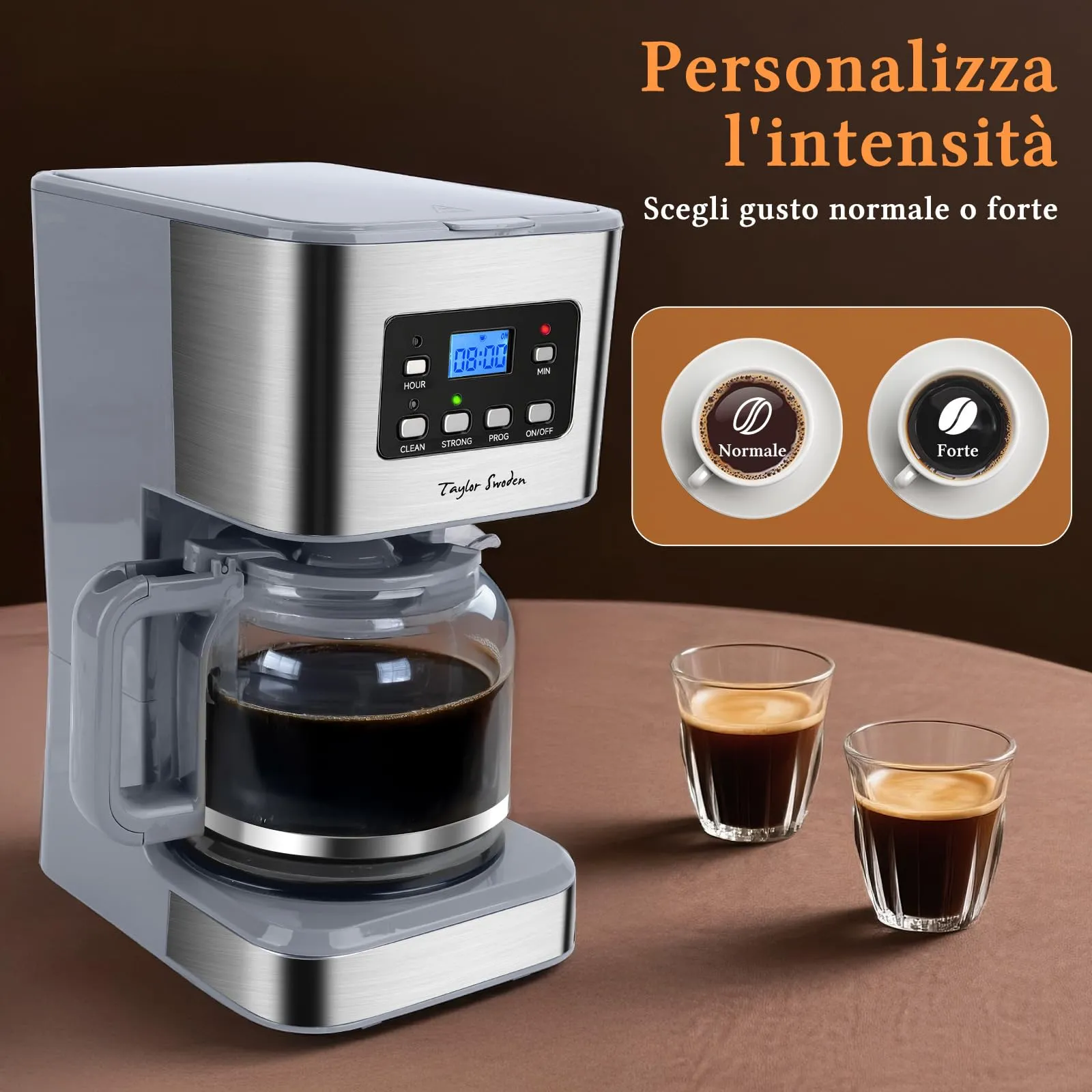 Taylor Swoden Macchina da Caffè Americano 950W, 12 Tazze, 1.5L, Filtro Riutilizzabile, Timer Programmabile e Base con Mantenimento Caldo, Pewter - immagine 4