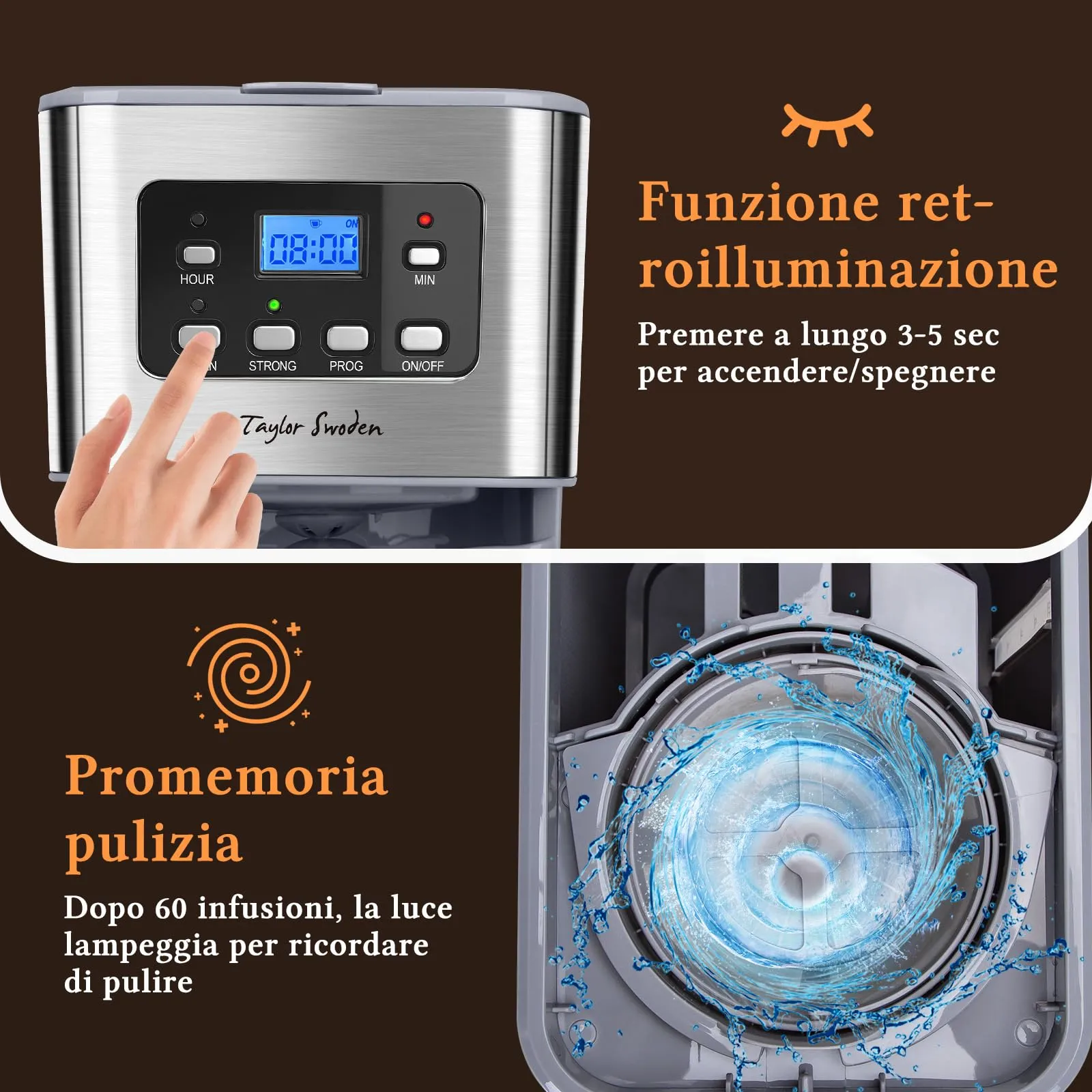 Taylor Swoden Macchina da Caffè Americano 950W, 12 Tazze, 1.5L, Filtro Riutilizzabile, Timer Programmabile e Base con Mantenimento Caldo, Pewter - immagine 6