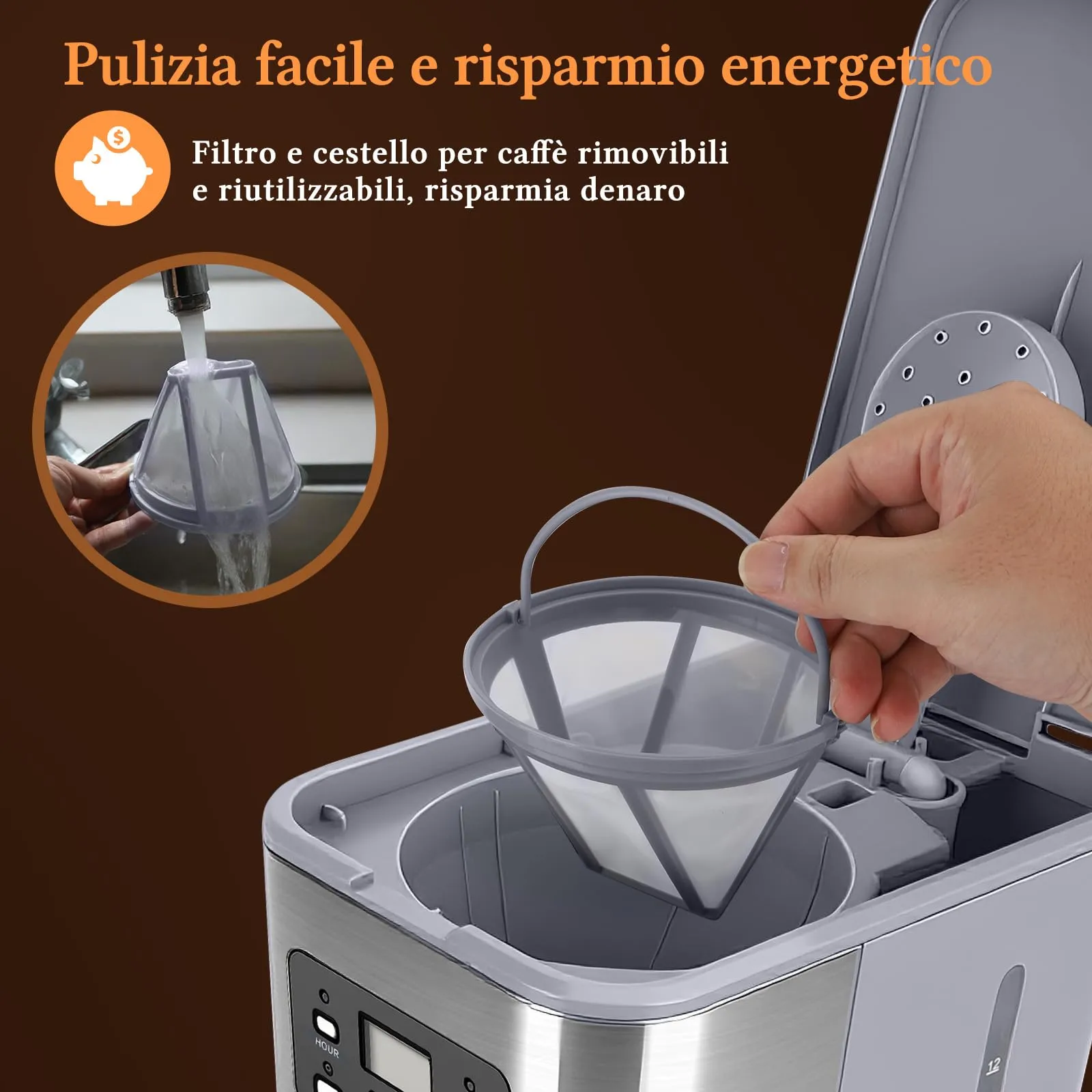 Taylor Swoden Macchina da Caffè Americano 950W, 12 Tazze, 1.5L, Filtro Riutilizzabile, Timer Programmabile e Base con Mantenimento Caldo, Pewter - immagine 8