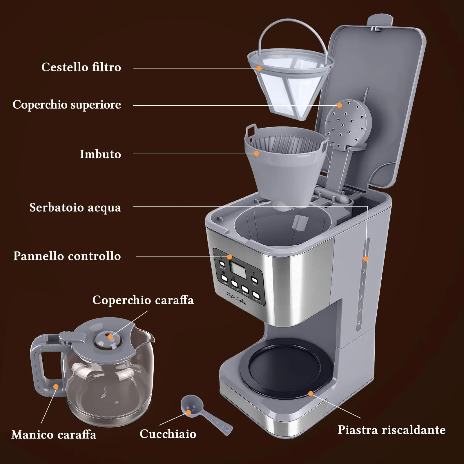 Taylor Swoden Macchina da Caffè Americano 950W, 12 Tazze, 1.5L, Filtro Riutilizzabile, Timer Programmabile e Base con Mantenimento Caldo, Pewter - immagine 10
