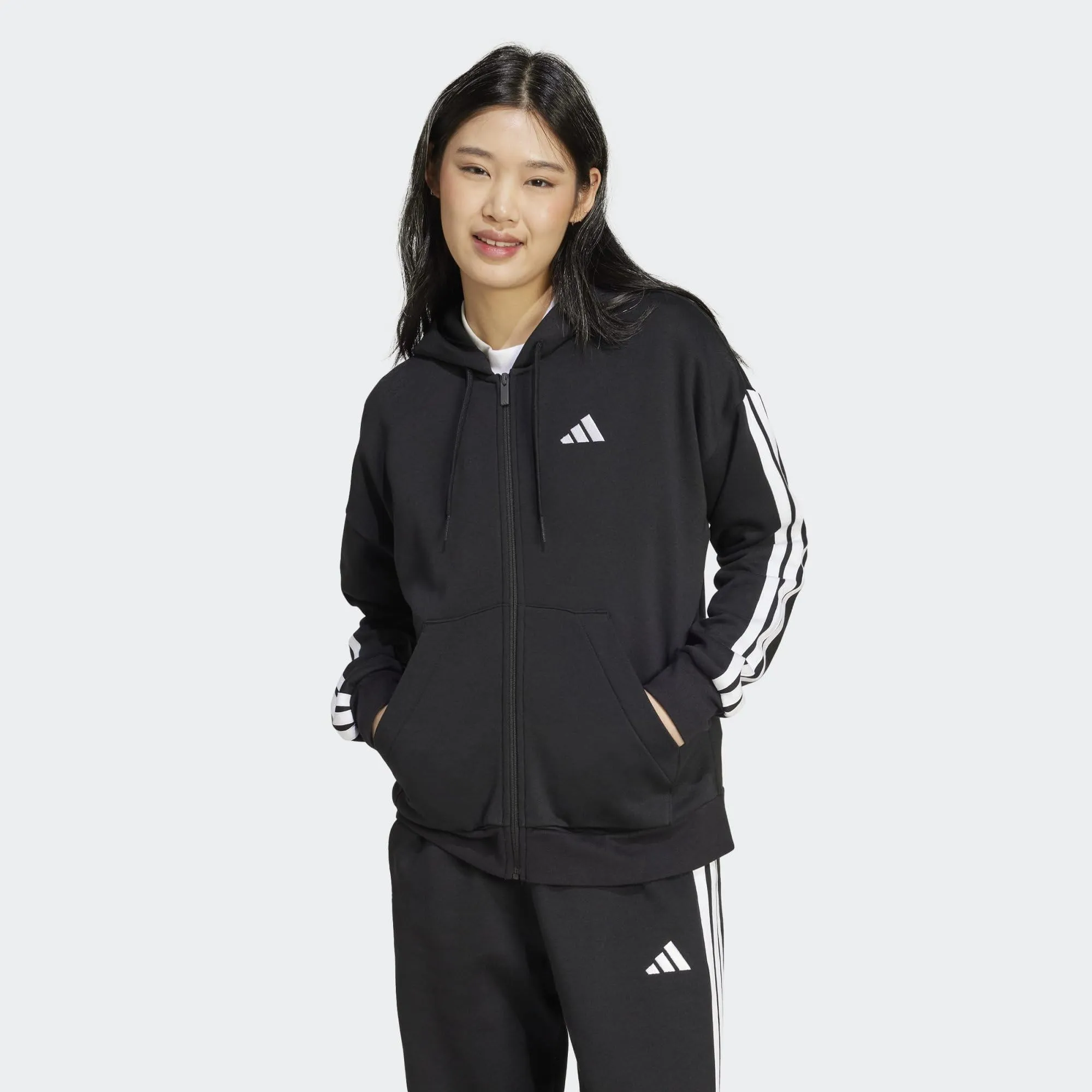 adidas Donna Essentials 3-Stripes Full-Zip Fleece Hoodie Sweatshirt, Black, XL - immagine 2