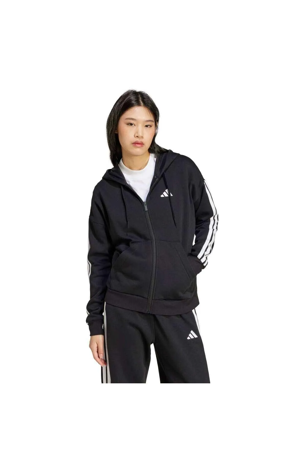 adidas Women's Essentials 3-Stripes Full-Zip Fleece Hoodie, Black, S - immagine 3