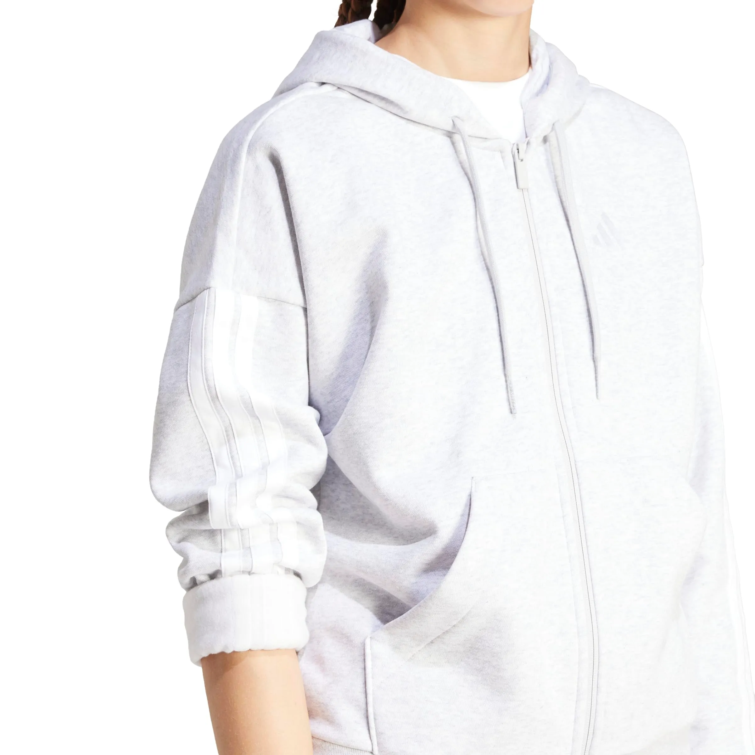 adidas Essentials 3-Stripes Full-Zip Fleece Hoodie, Light Grey Heather/White, XL - immagine 6