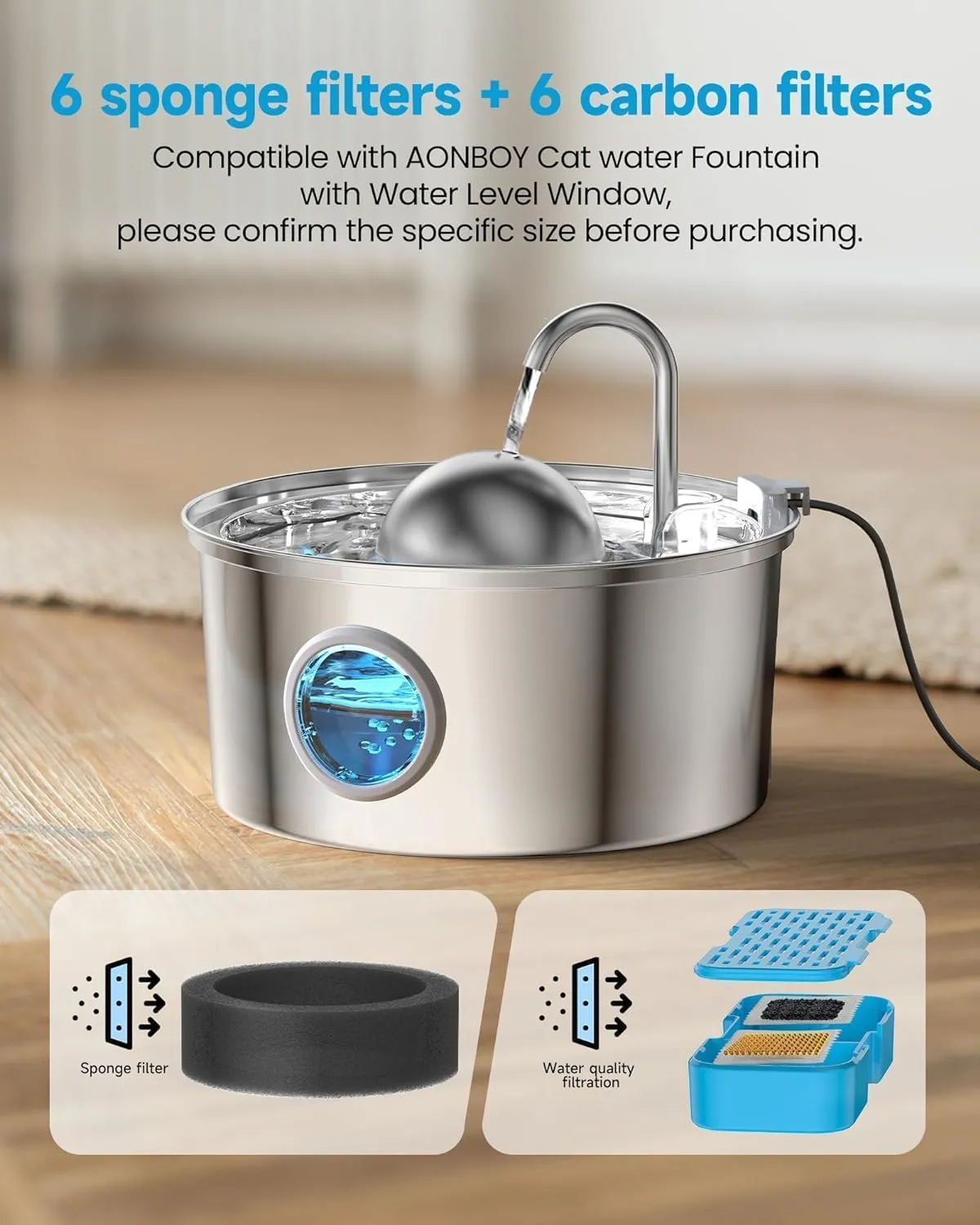 AONBOY Fontana per Gatti e Cani in Acciaio Inox, 3,2L, Forma Emisferica con Finestra Livello dell'Acqua (8 Filtri + 8 Spugne) - immagine 2