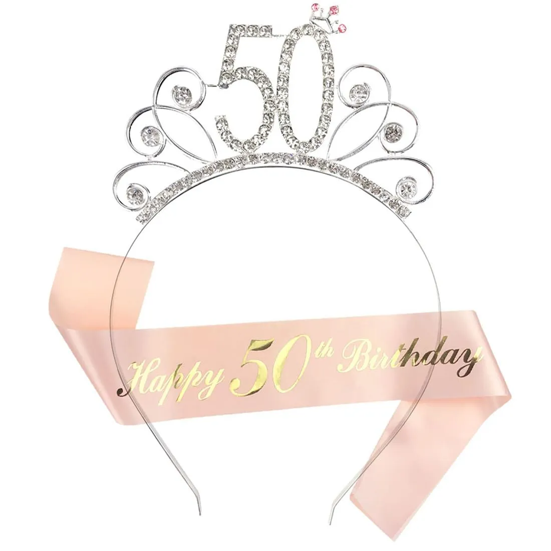 GVEYIQK Set Corona e Fascia per 50° Compleanno Donna con Strass, Rosa - immagine 1