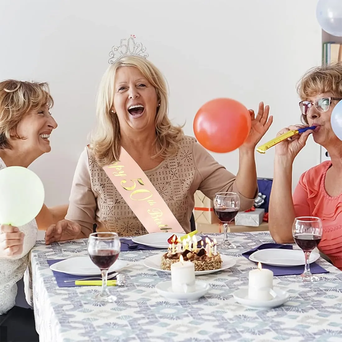 GVEYIQK Set Corona e Fascia per 50° Compleanno Donna con Strass, Rosa - immagine 2