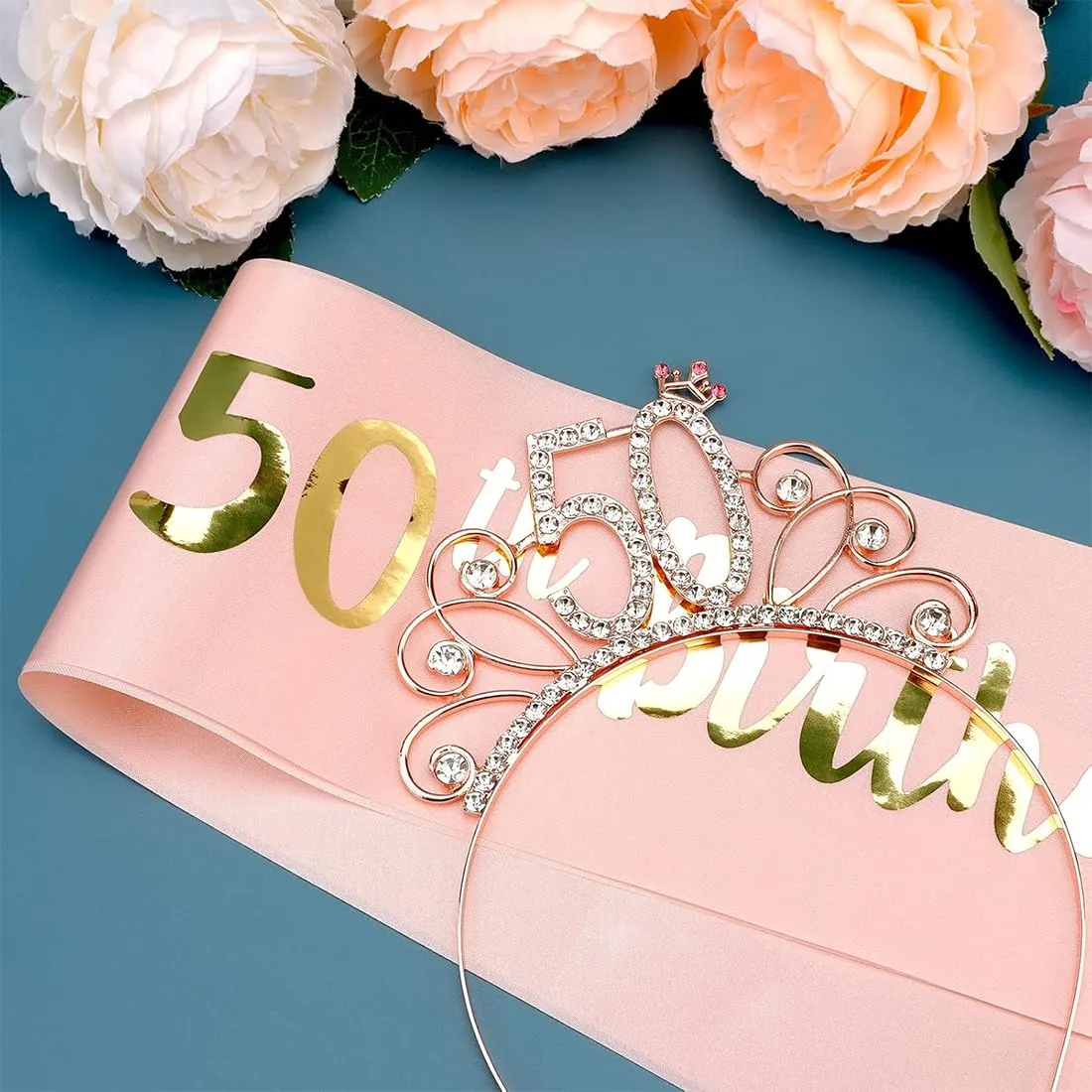 GVEYIQK Set Corona e Fascia per 50° Compleanno Donna con Strass, Rosa - immagine 4