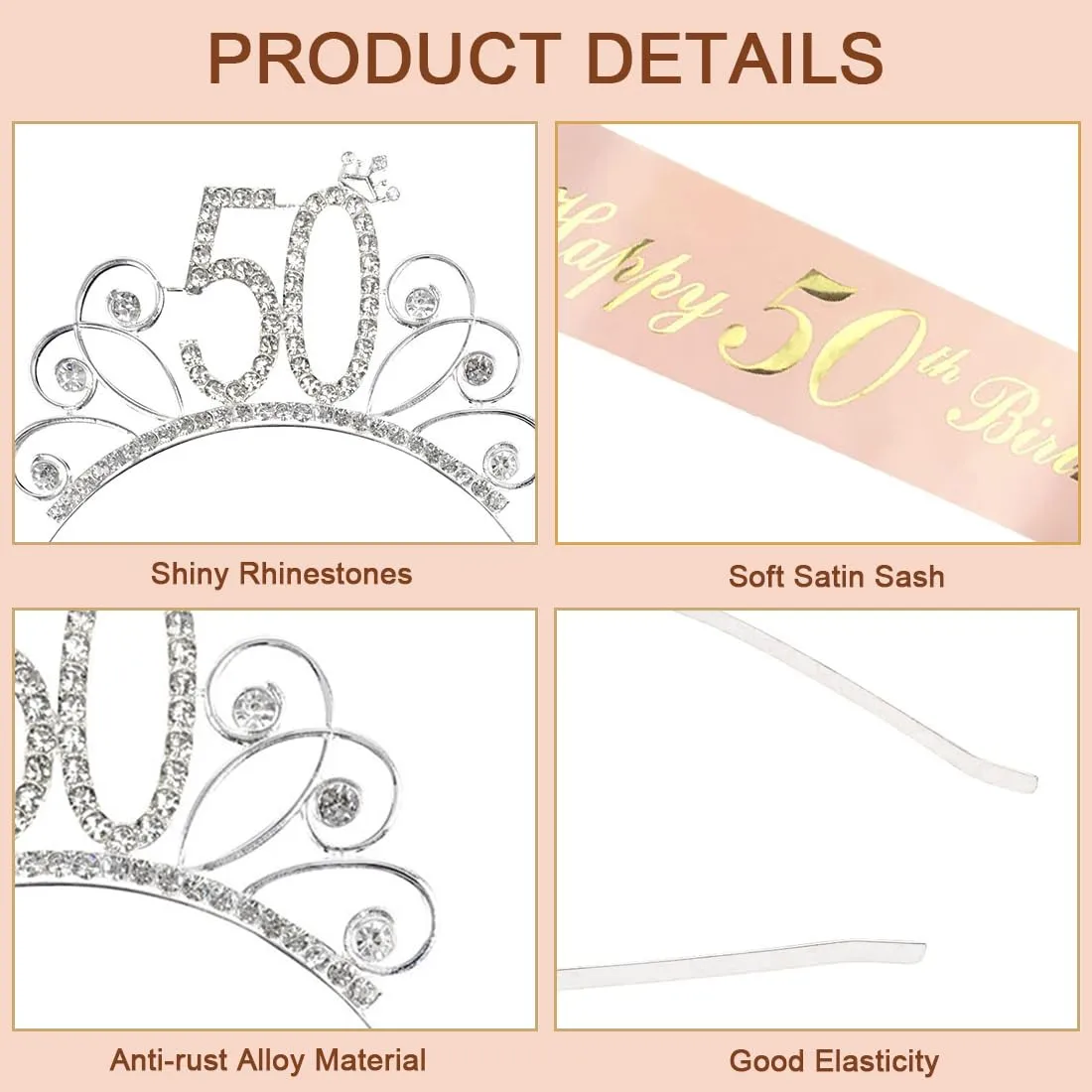 GVEYIQK Set Corona e Fascia per 50° Compleanno Donna con Strass, Rosa - immagine 6