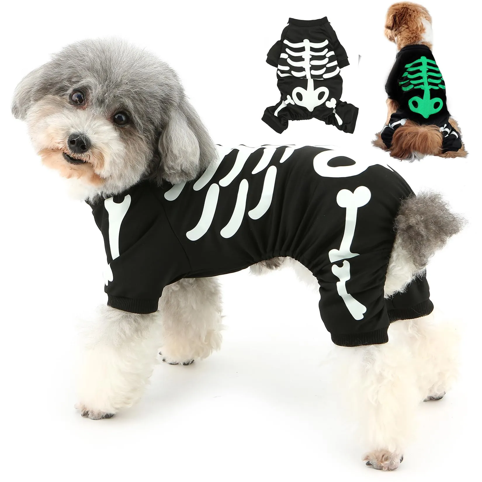Zunea Costume di Halloween per cani, tuta scheletro luminoso per cuccioli e cani di taglia piccola, felpa con cappuccio - immagine 1