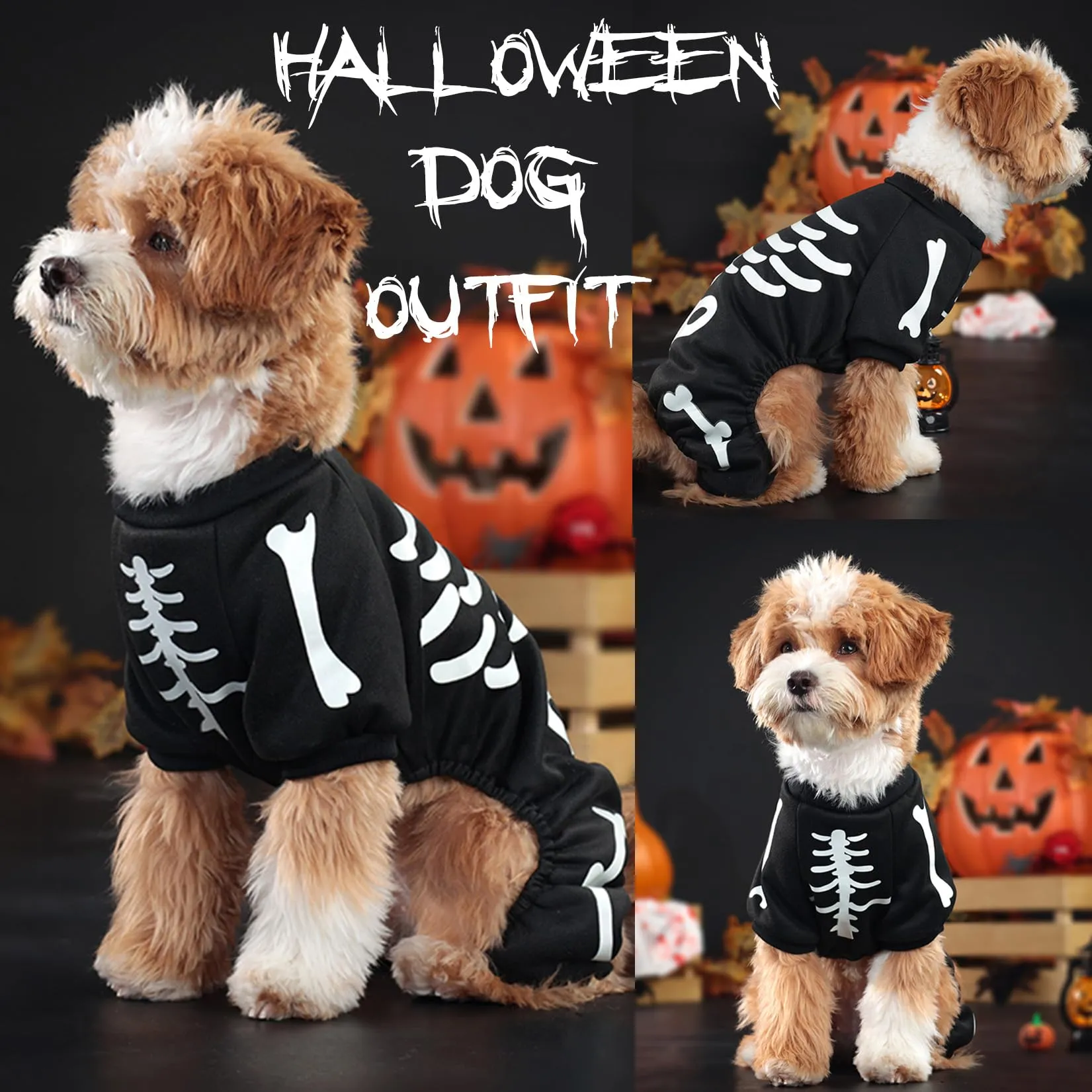 Zunea Costume di Halloween per cani, tuta scheletro luminoso per cuccioli e cani di taglia piccola, felpa con cappuccio - immagine 4