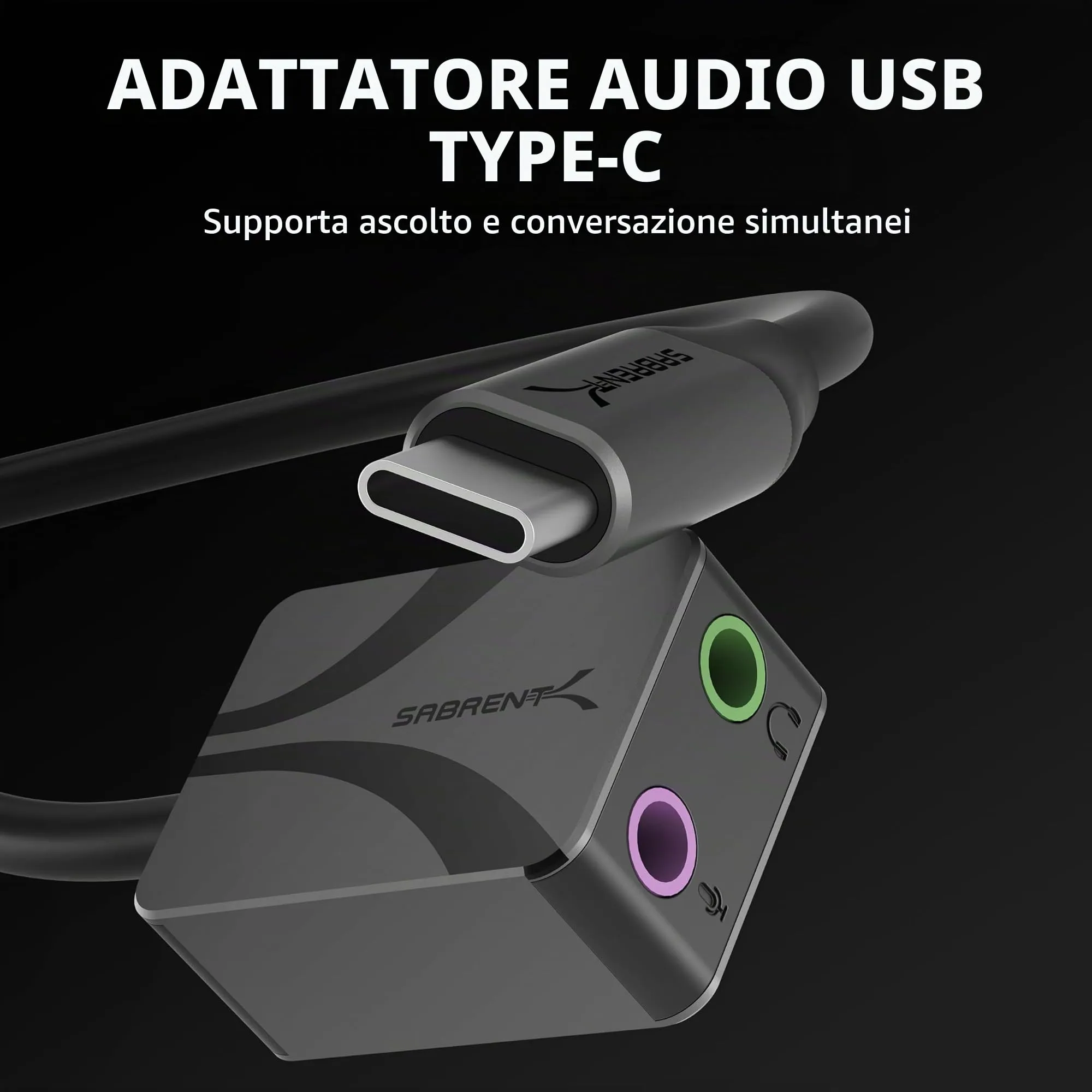 Sabrent Adattatore Audio USB Tipo C, 24-bit/96 kHz, Doppio Jack 3,5 mm per Microfono e Stereo, Alluminio, AU-UCMA - immagine 2