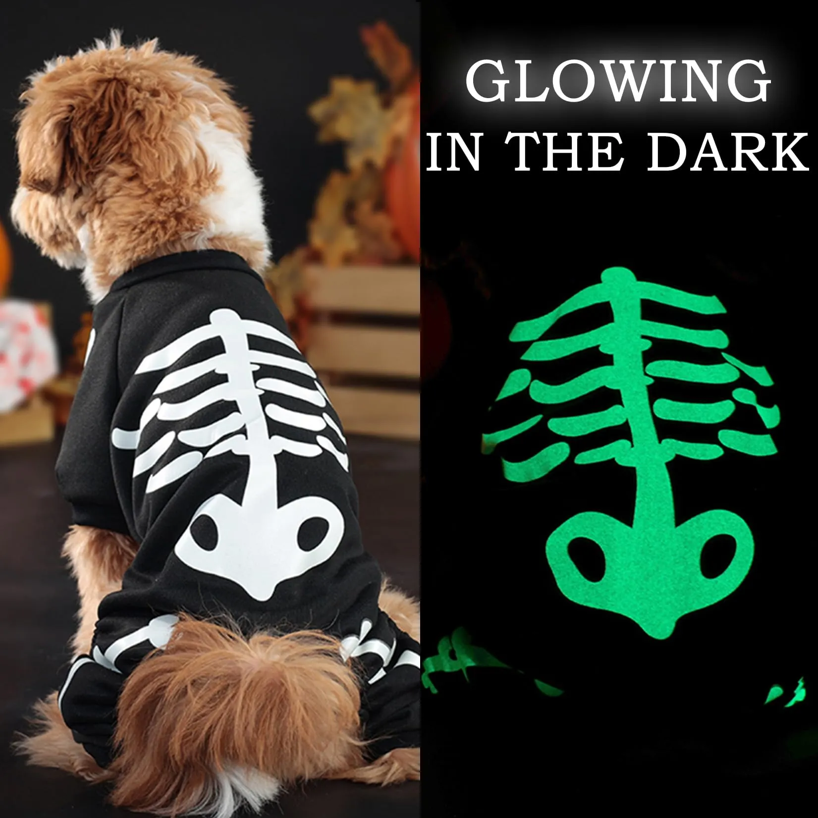 Zunea Costume di Halloween per cani, tuta scheletro luminosa, taglia XL, Nero - immagine 3