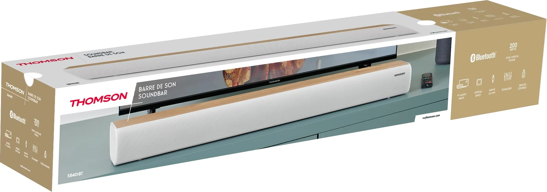 Thomson SB401BT Soundbar 200W - Bluetooth 5.0, Ingresso Ottico, USB & AUX - Bianco & Legno - immagine 3