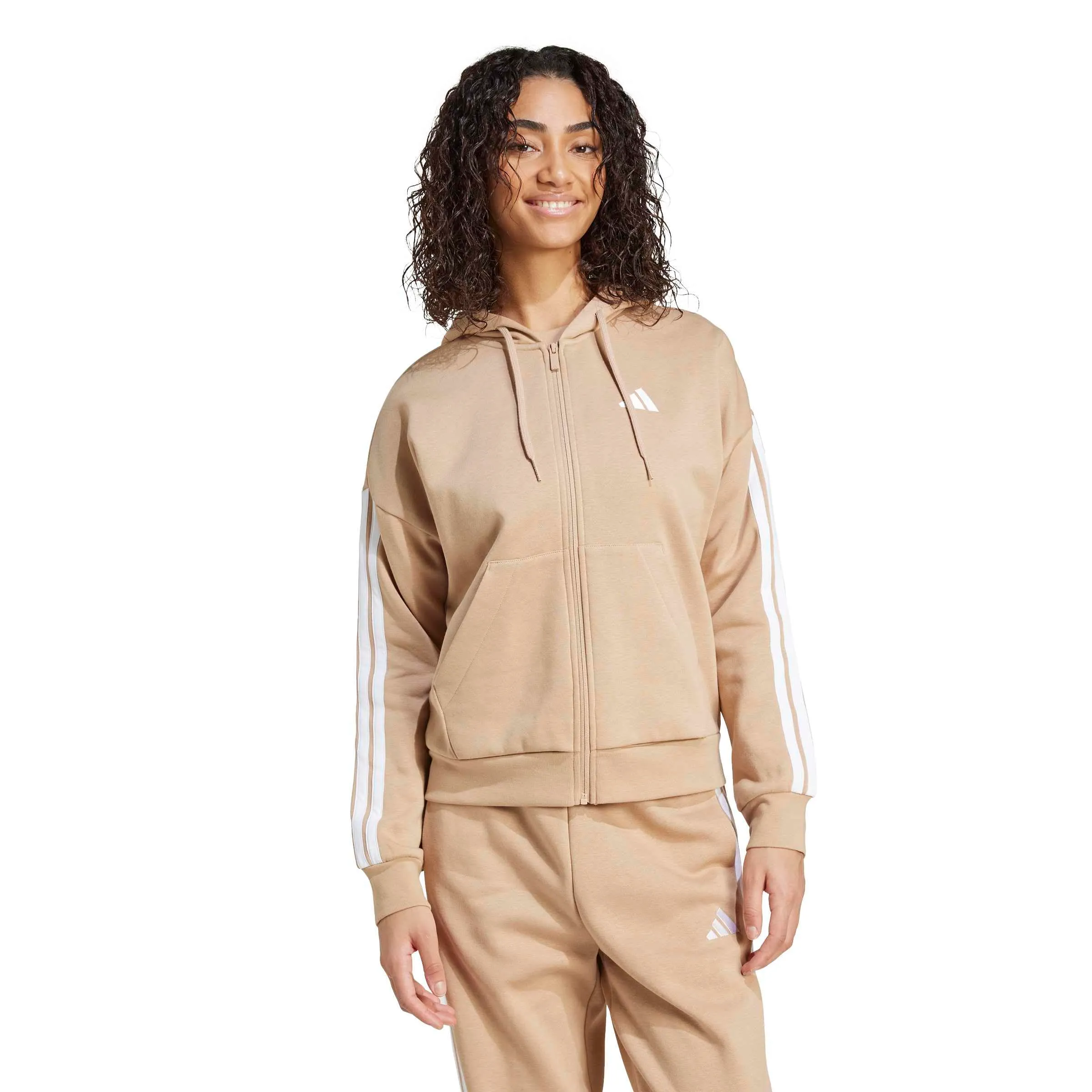 Adidas Women's Essentials 3-Stripes Full-Zip Fleece Hoodie - Warm Sandstone/White - S - immagine 3