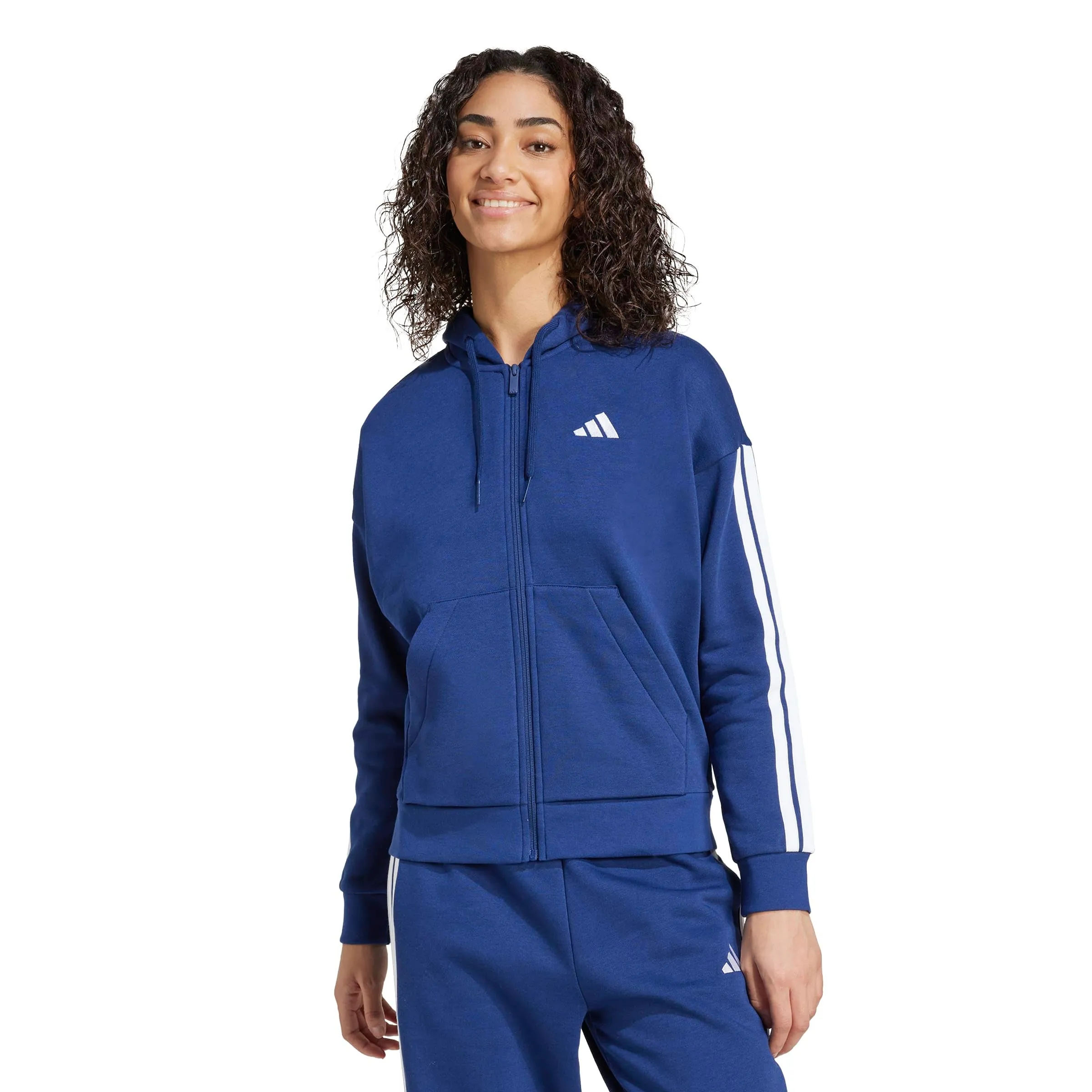 adidas Donna Essentials 3-Stripes Full-Zip Fleece Hoodie Sweatshirt, Dark Blue/White, L - immagine 3
