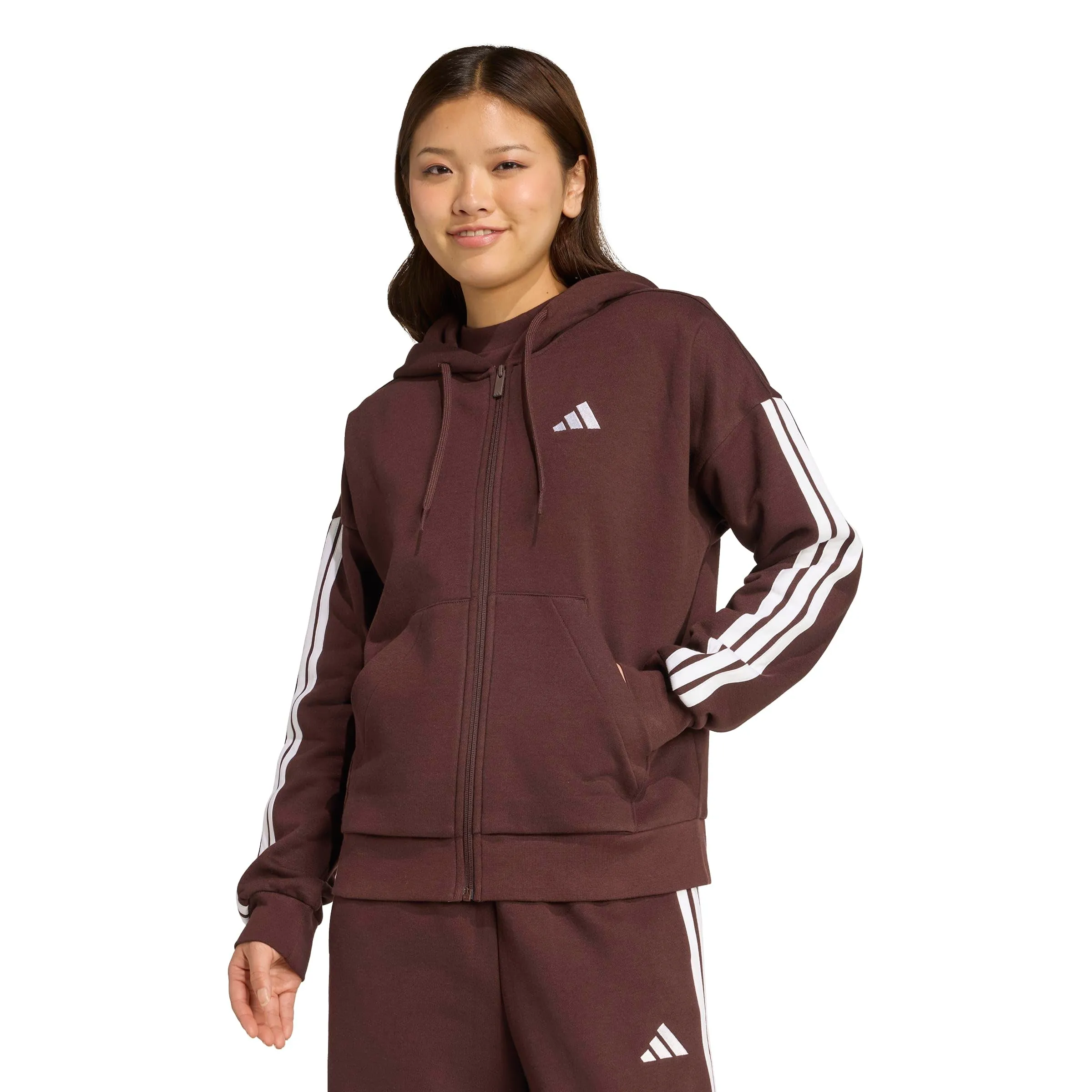 Adidas Women's Essentials 3-Stripes Full-Zip Fleece Hoodie - Shadow Brown/White - M - immagine 3