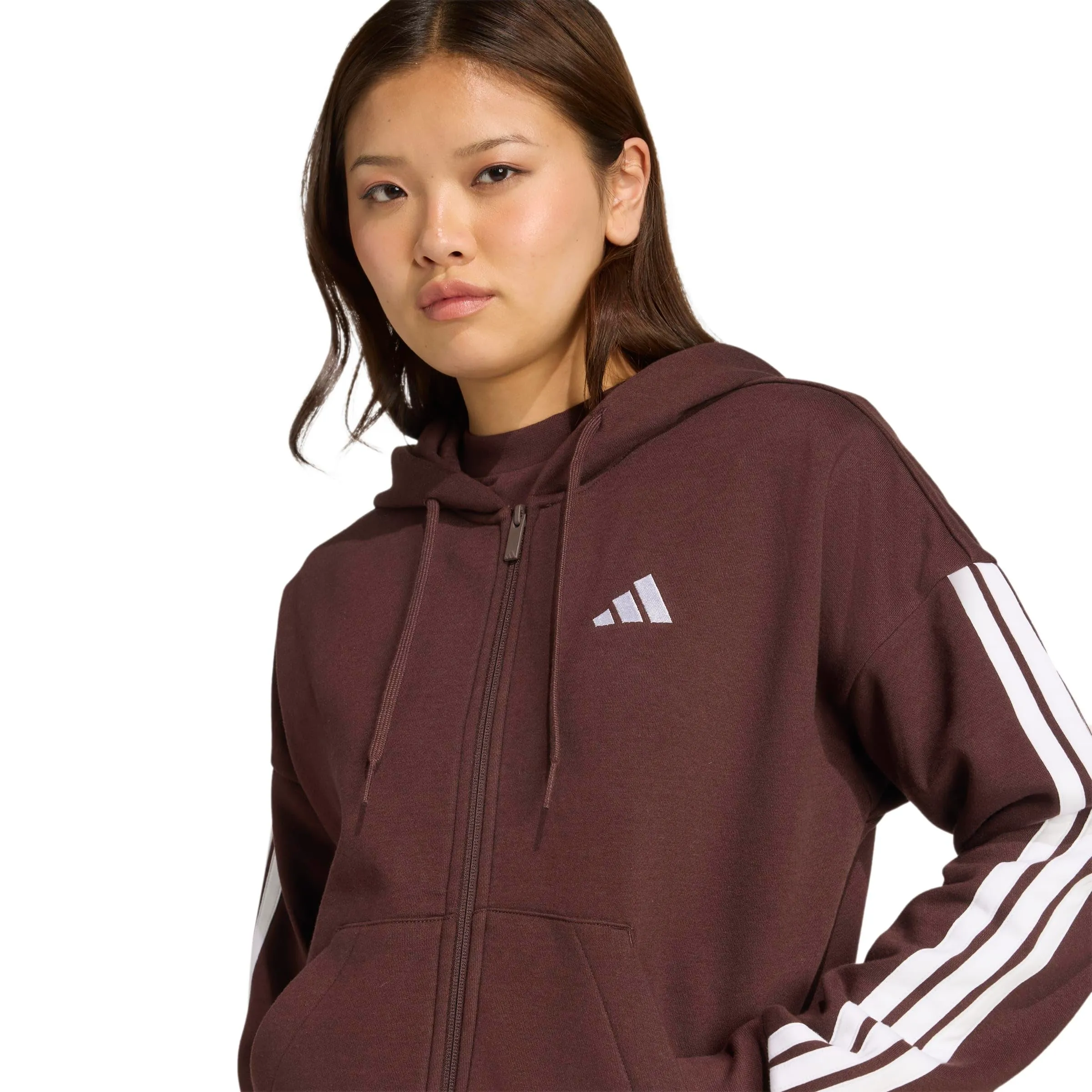 Adidas Women's Essentials 3-Stripes Full-Zip Fleece Hoodie - Shadow Brown/White - M - immagine 5