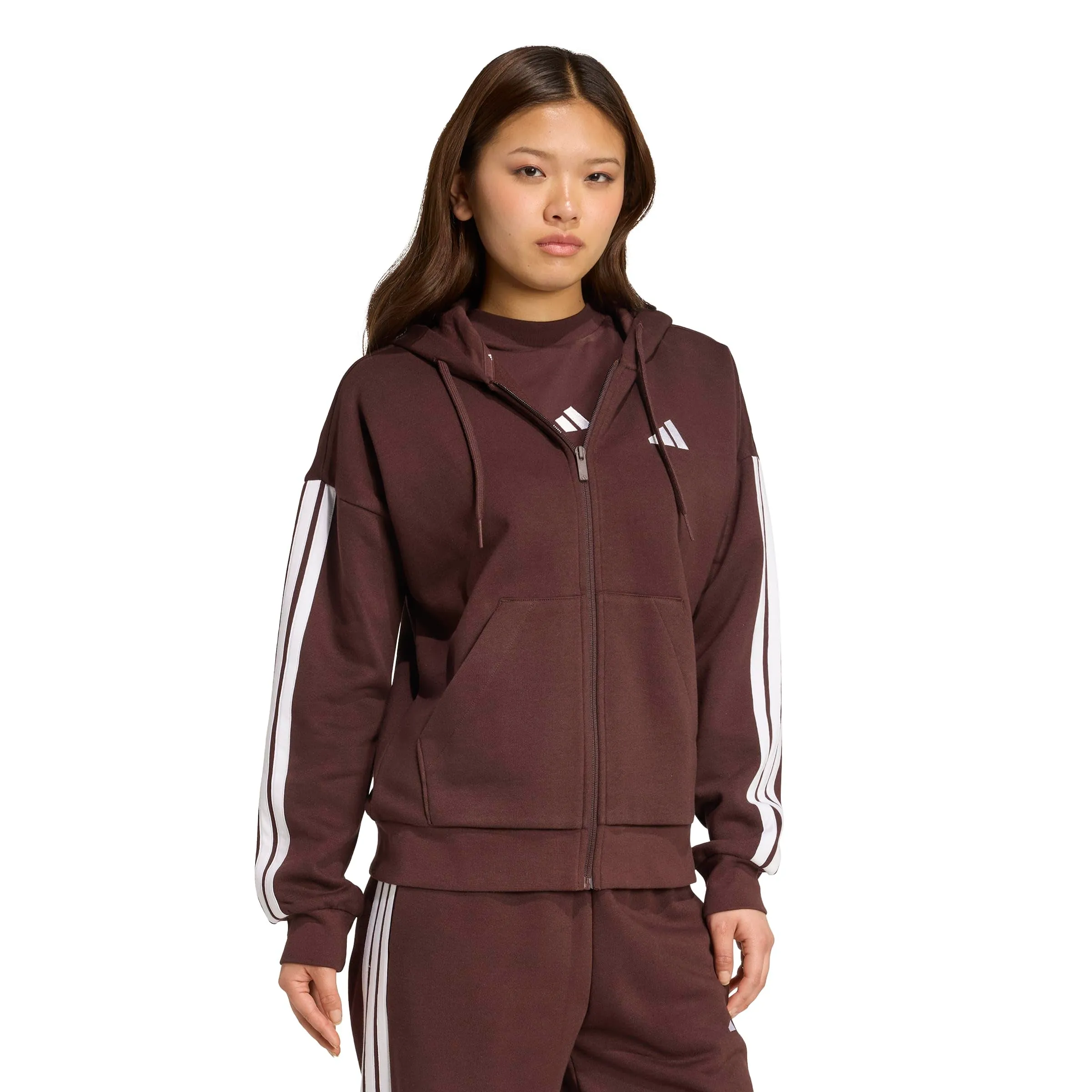 Adidas Women's Essentials 3-Stripes Full-Zip Fleece Hoodie - Shadow Brown/White - M - immagine 6