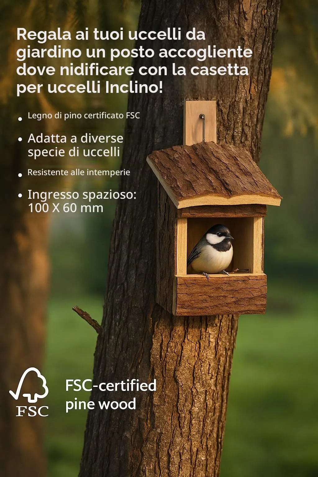 Flamingo Cassetta nido per uccelli in legno Cortesa Cuoero, 16x12x15,5cm, legno di pino certificato FSC - immagine 3